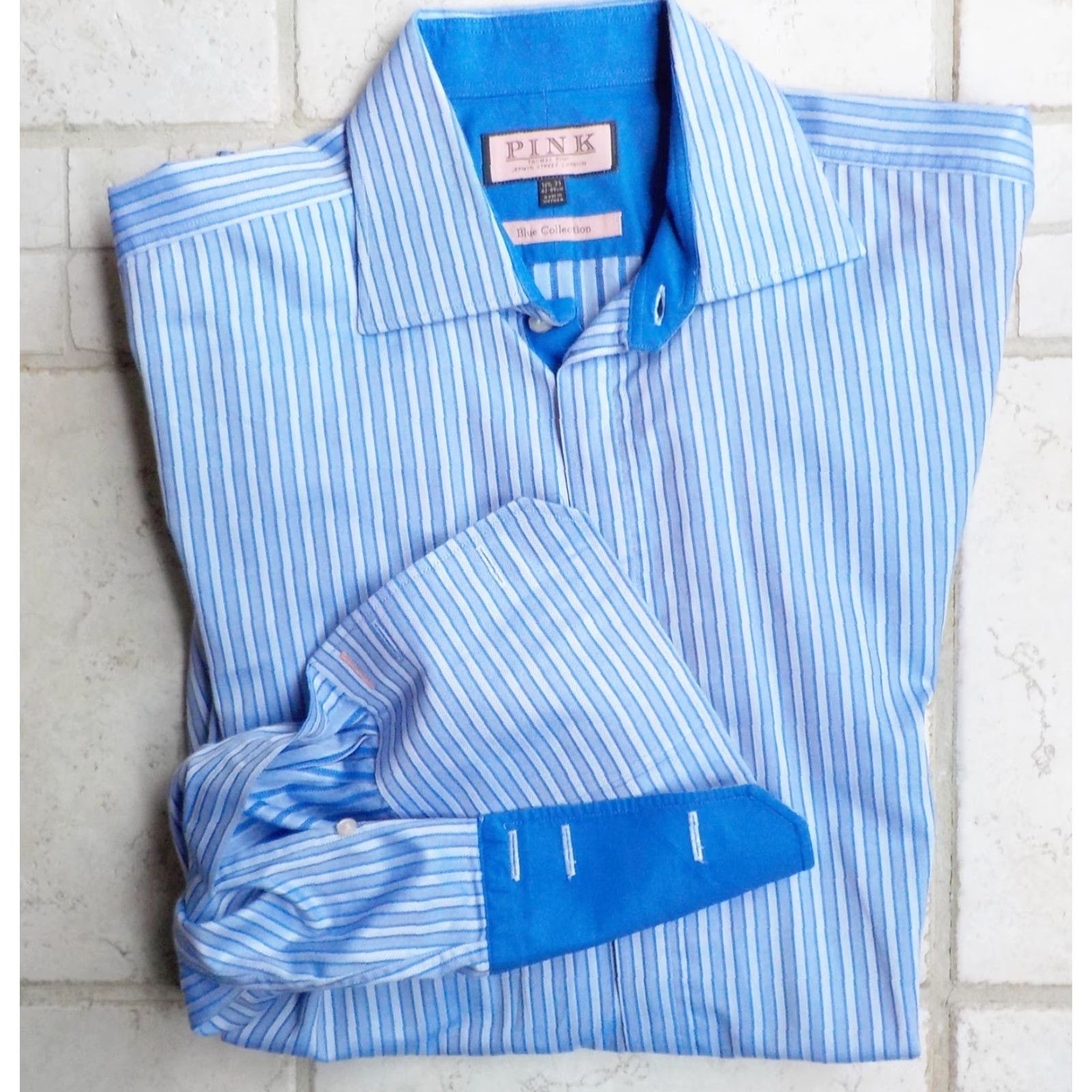 Vintage PINK by Thomas Pink Striped Dress Shirt Blue 161/2-35 French Cuff Spread Collar, 100% Cotton, Regular Fit, Dress Shirt, Size 16 1/2 Size 42R - 2 Thumbnail
