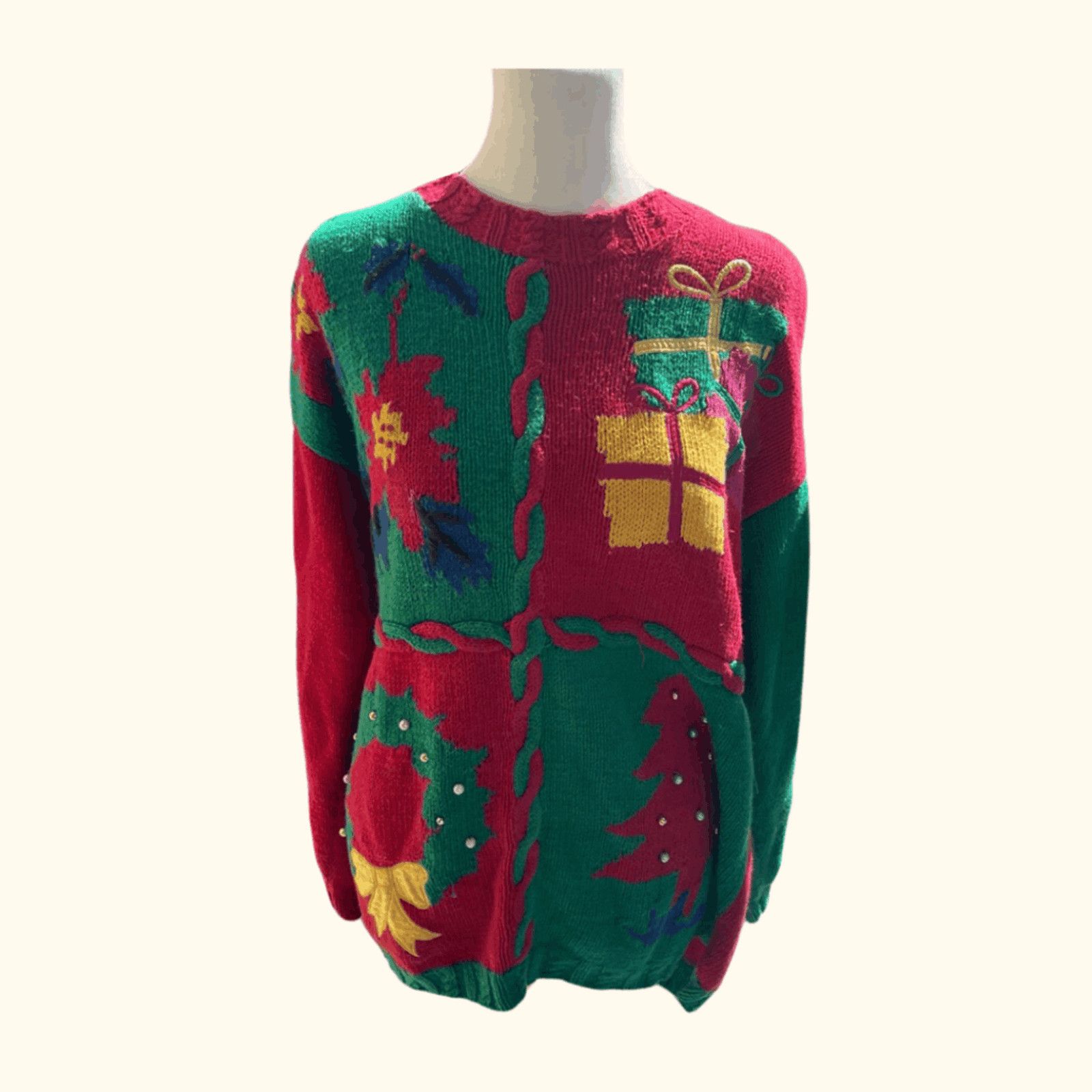 Izod VTG Xmas Sweater IZOD Red Green Cable Knit 90s Ugly Sweater Size M / US 6-8 / IT 42-44 - 1 Thumbnail