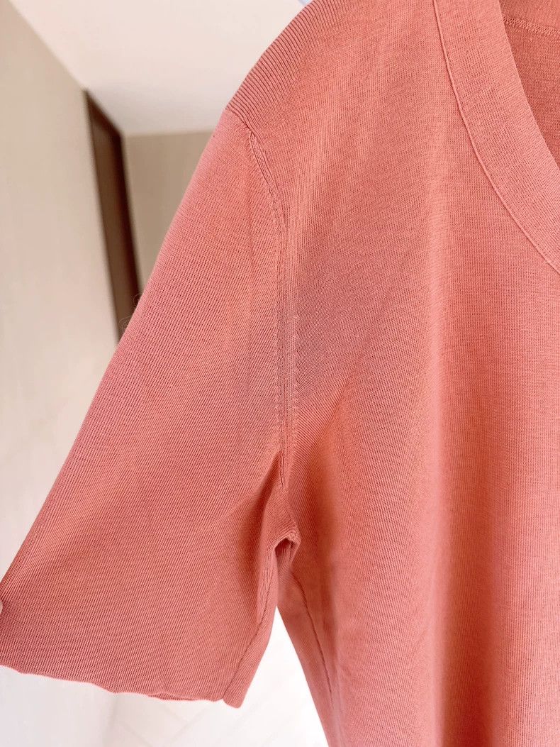 Loro Piana LORO PIANA Orange pink silk knit short sleeves Size L / US 10 / IT 46 - 2 Thumbnail