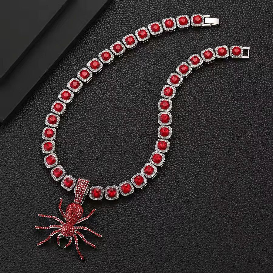Jewelry × Vintage Retro Punk Rhinestone Ruby Necklace Spider Chain Square Size ONE SIZE - 2 Thumbnail