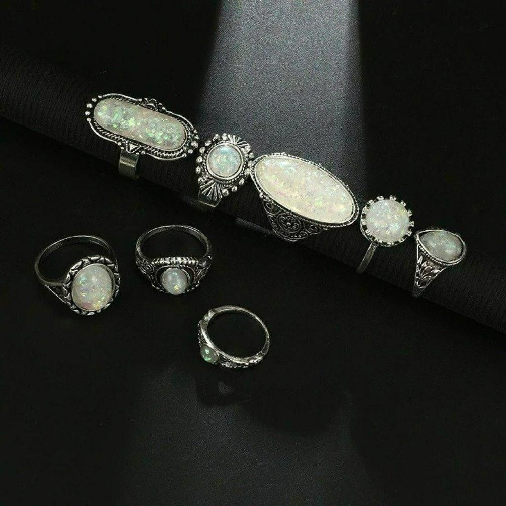 Designer 8pcs Vintage White Opal Antique Silver Ring Set Size ONE SIZE - 6 Thumbnail