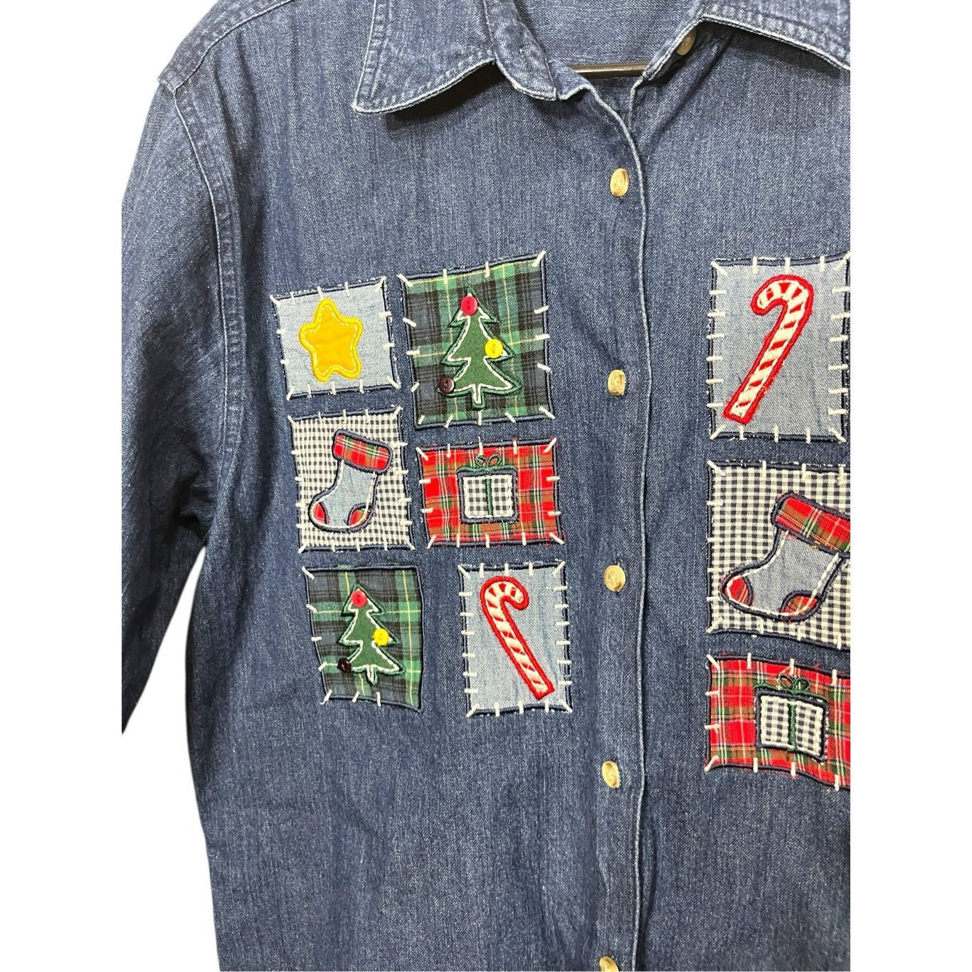 Other Vintage Westbound 90s Christmas Patchwork Embroidery Denim Shirt Large Size L / US 10 / IT 46 - 3 Thumbnail