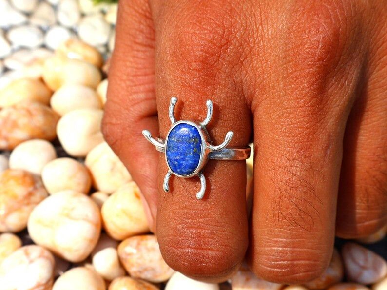 Handmade Lapis Lazuli Insect Ring, Handmade 925 Silver Scarab Beetle Size ONE SIZE - 9 Thumbnail