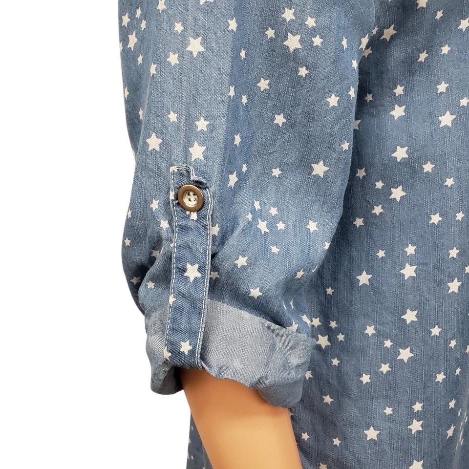 Neiman Marcus Philosophy Chambray Shirt Star Hi Low Tunic Roll Tab Tencel Size M / US 6-8 / IT 42-44 - 6 Thumbnail