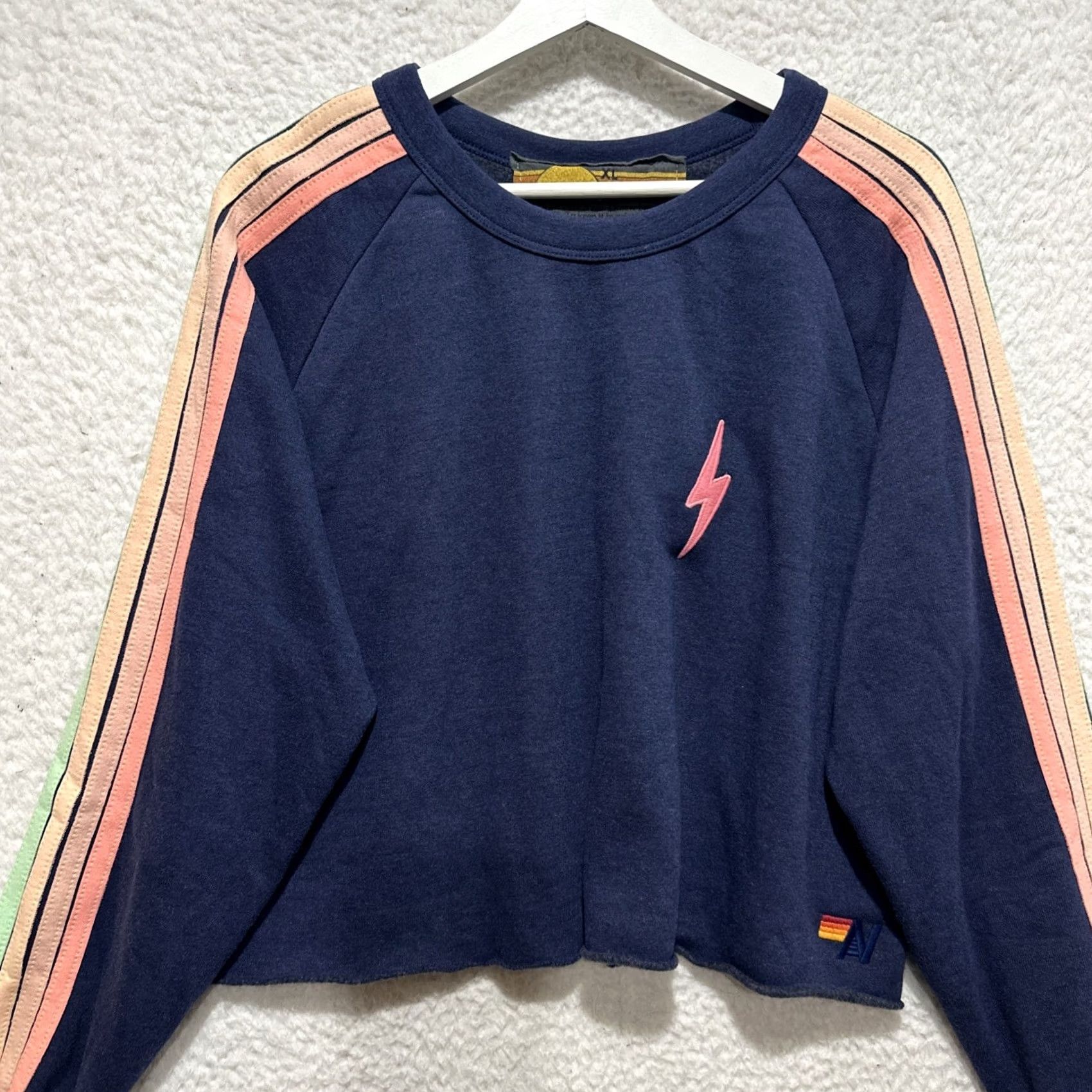Aviator Nation Aviator Nation Sweatshirt XL Blue Heathered Navy Neon Striped Cropped Cutoff Sweatshirt Women XL Blue Heathered Navy Neon Striped Cropped Cutoff Size XL / US 12-14 / IT 48-50 - 4 Thumbnail