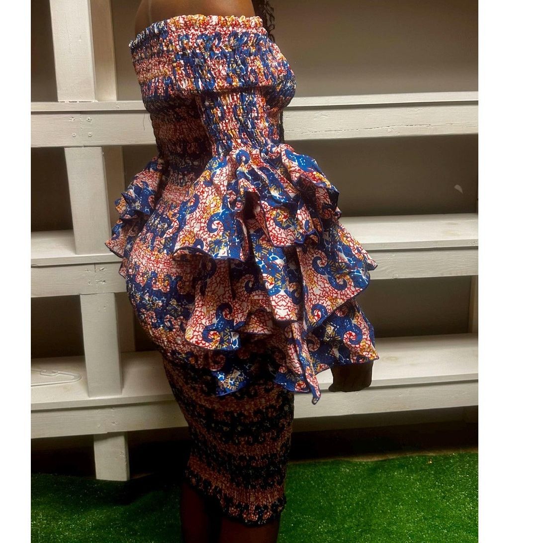 Other Handmade Blue & Red 70s Style African Strapless Dress Size M / US 6-8 / IT 42-44 - 1 Thumbnail