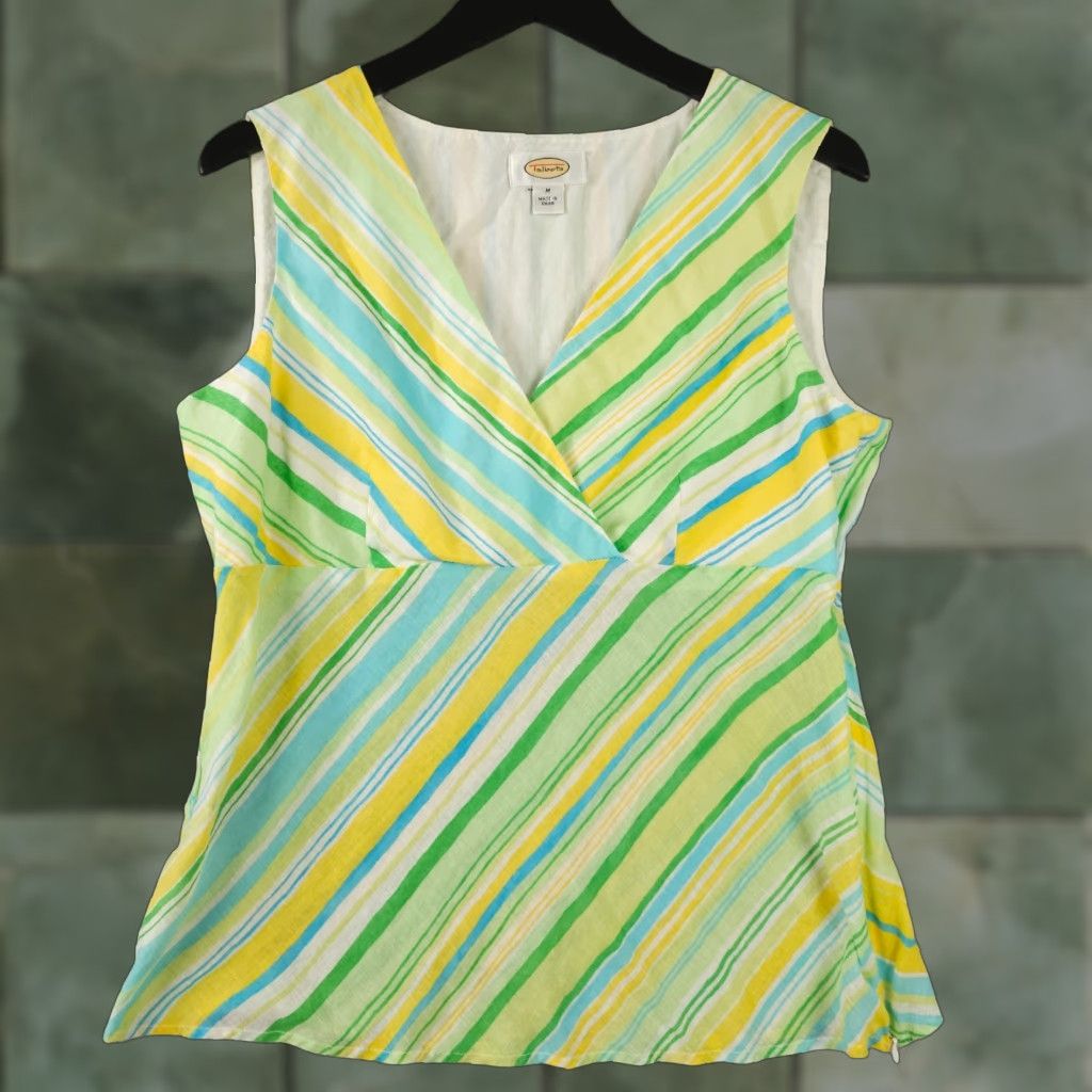 Talbots VTG Talbots Shirt Medium Yellow Striped V Neck Sleeveless Linen Side Zip - Women, Blouse, Casual, Colorful, Classic, 90s Theme, M, Yellow Green Size M / US 6-8 / IT 42-44 - 1 Thumbnail