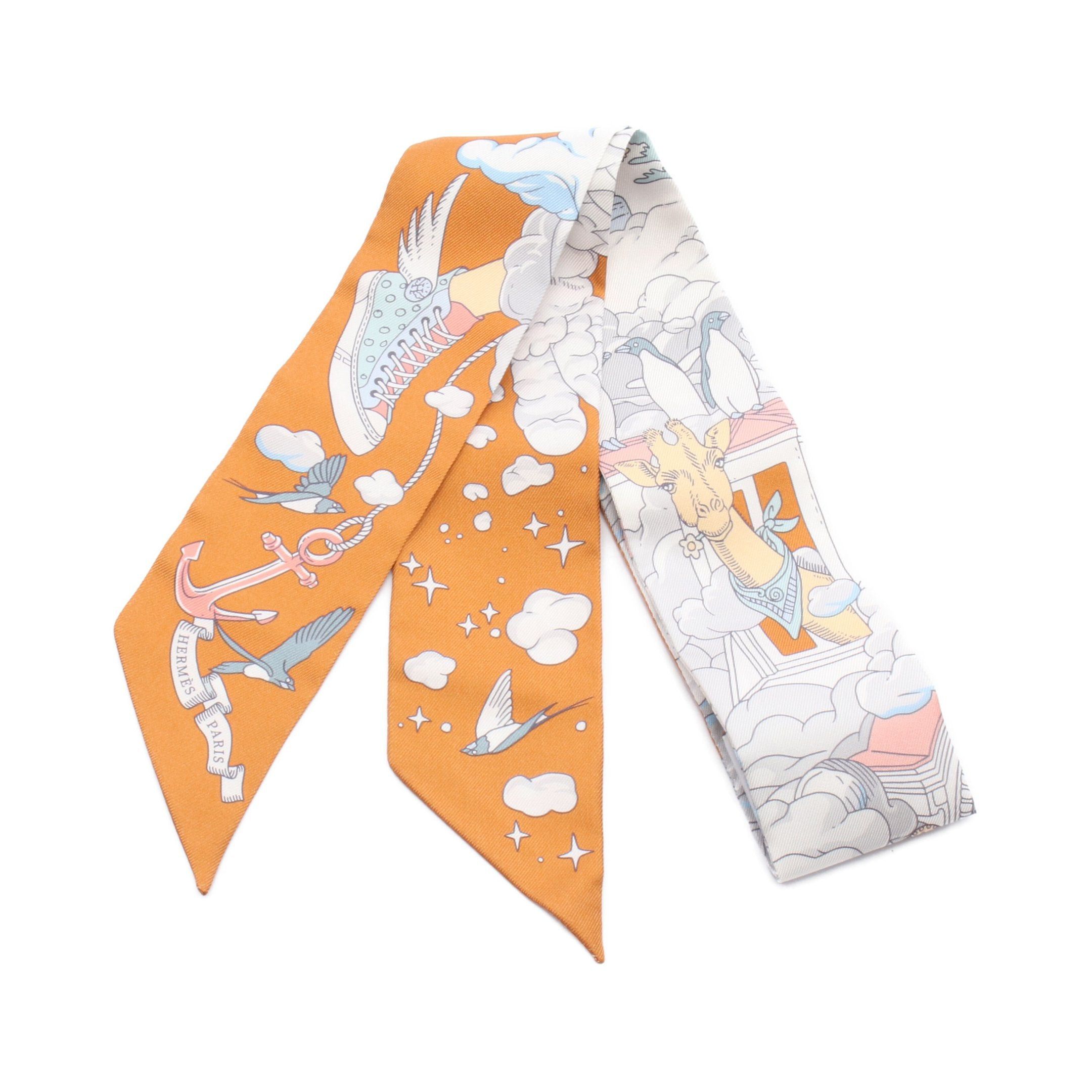 Hermes Hermes Twilly Sur Mon Nuage Ribbon Scarf Silk Orange Brown Multicolor Size ONE SIZE - 1 Thumbnail