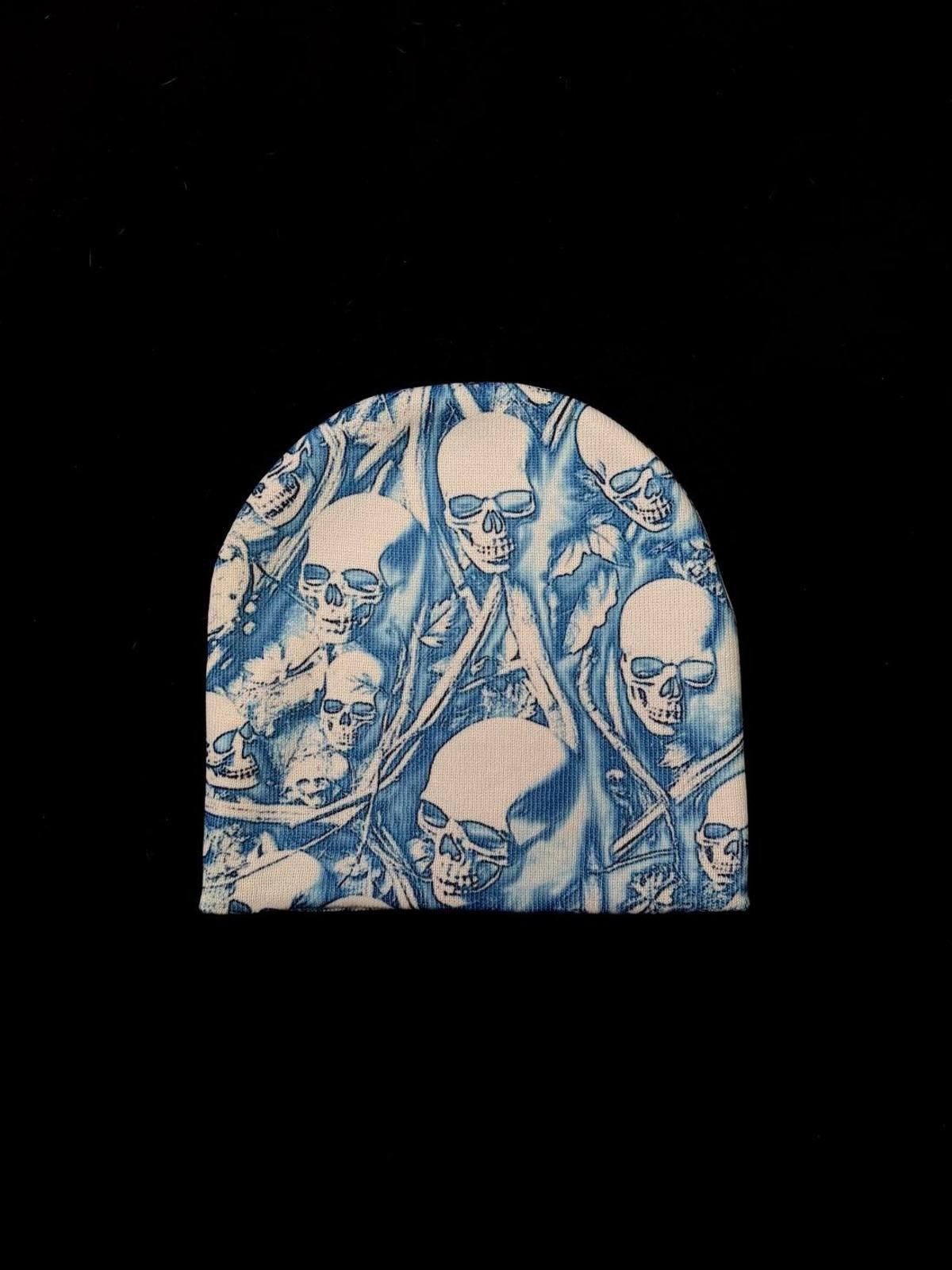 Japanese Brand Rare Y2K Liquid Blue Skull Print No Cuff Knit Beanie Hat OS Size ONE SIZE - 1 Thumbnail
