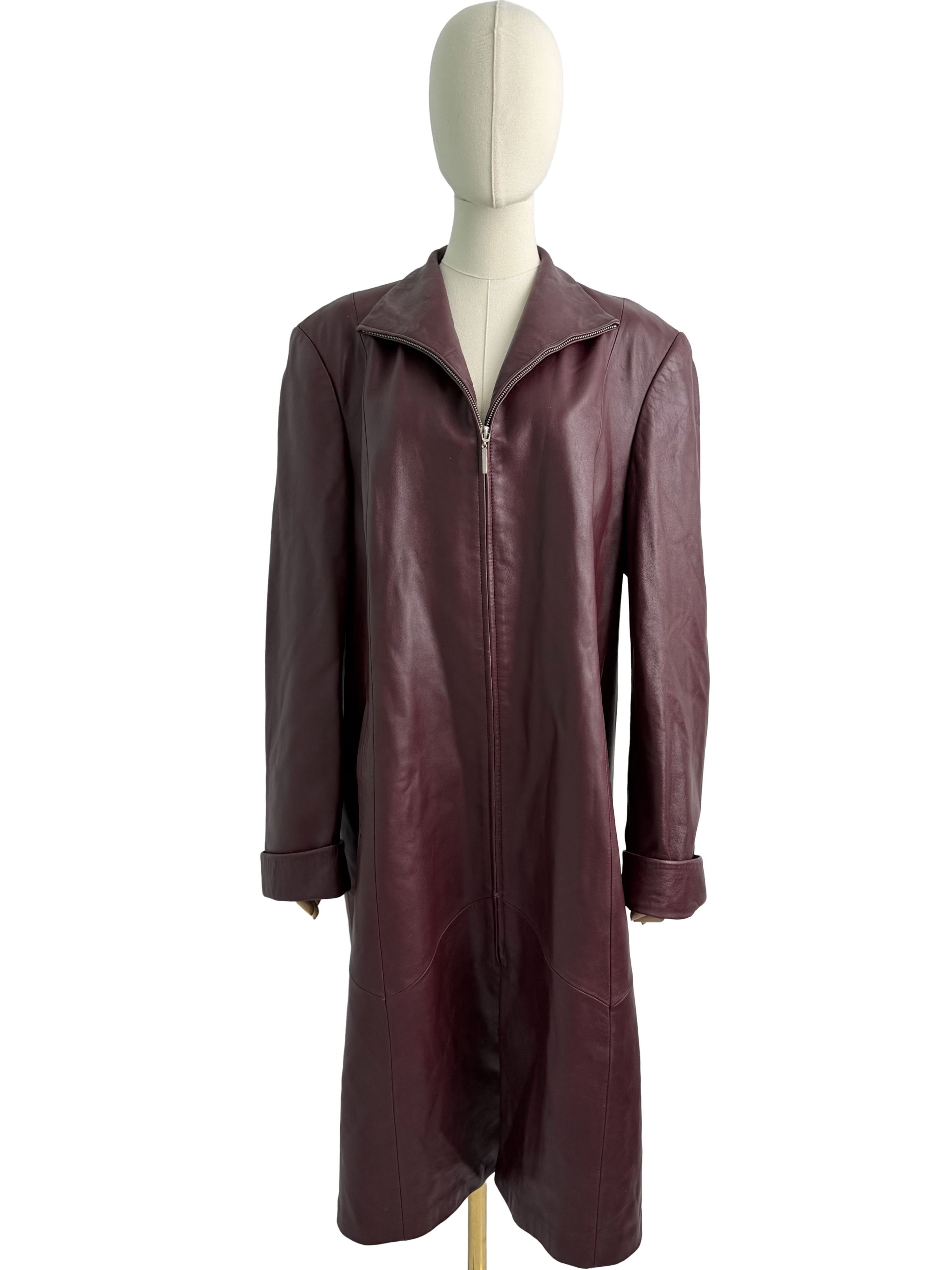 Vintage Vintage Burgundy Leather Long Coat Zip Front Minimalist Size XL / US 12-14 / IT 48-50 - 1 Thumbnail