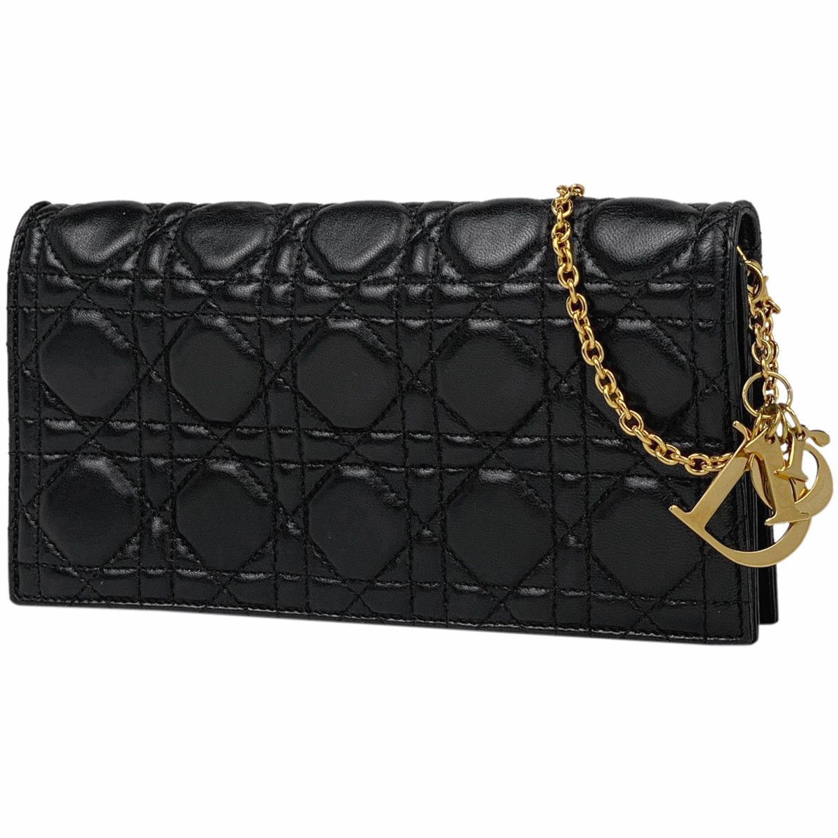 image of Christian Dior Logo Shoulder Bag Cannage Chain Clutch Bag Leather Black, Women's
