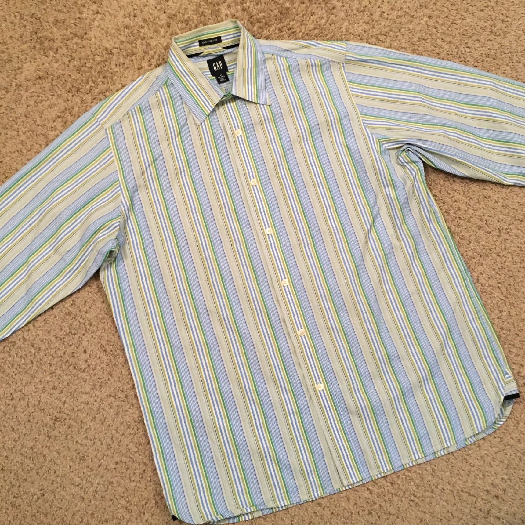 Gap Gap Button-Up Shirt Men M Blue Green Striped Long Sleeve Collared Nylon? (note: incorrect) Size US M / EU 48-50 / 2 - 5 Thumbnail