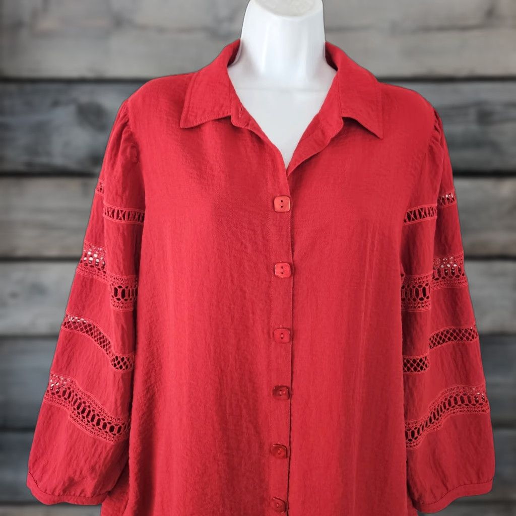 Vintage John Mark Womens Button-Up Top Sz Large Solid Red Long Sleeve Rayon Blend Shirt Womens L Red Button-Up John Mark Size L / US 10 / IT 46 - 1 Thumbnail
