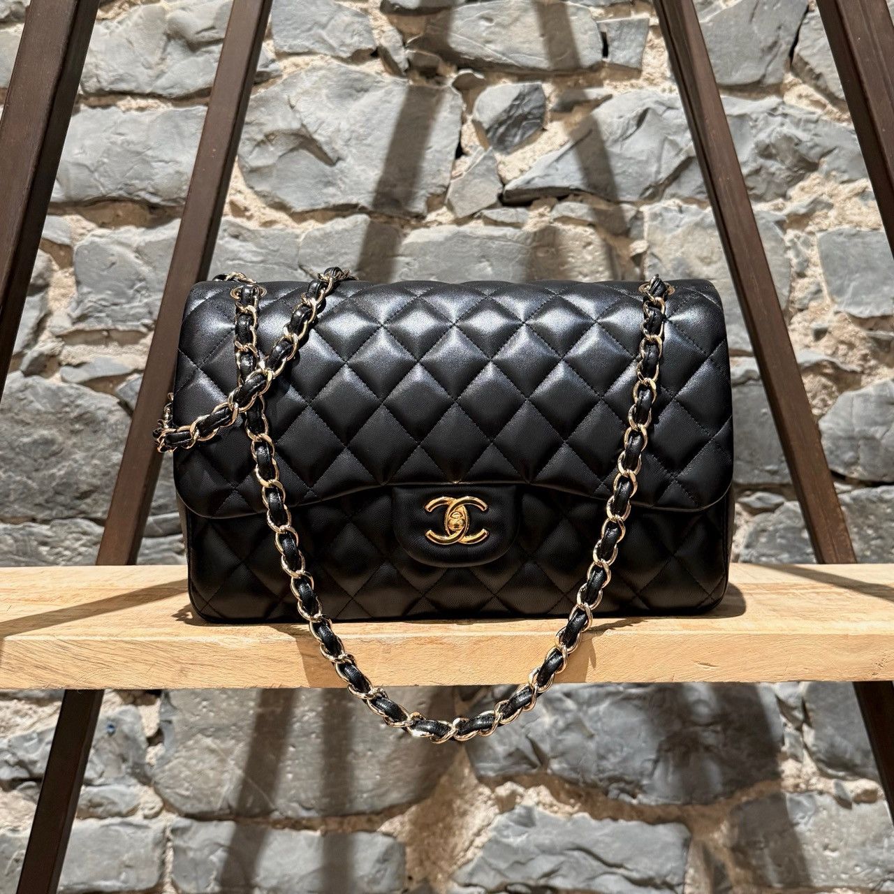 Chanel Black Lambskin GHW Jumbo Classic Double Flap Bag