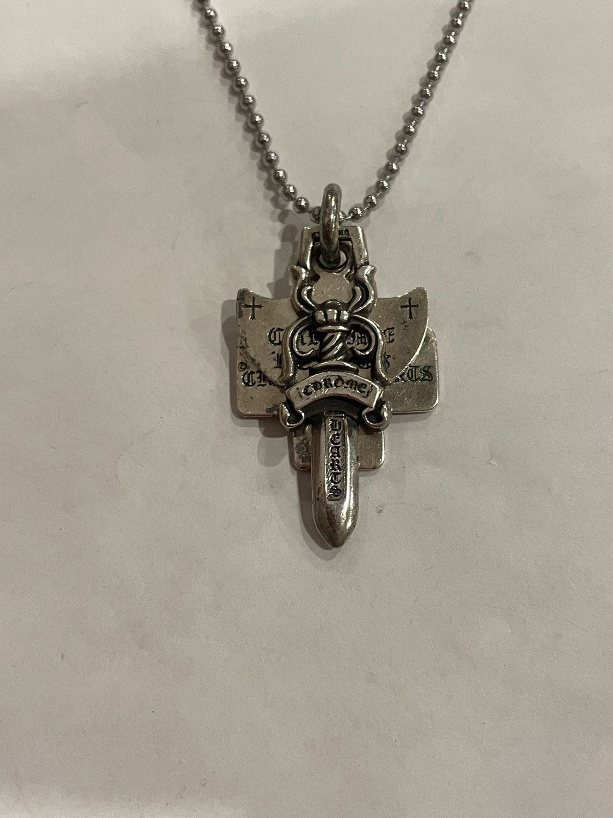image of Chrome Hearts 3 Trinkets Dagger Pendant Ball Chain Necklace in Silver, Men's