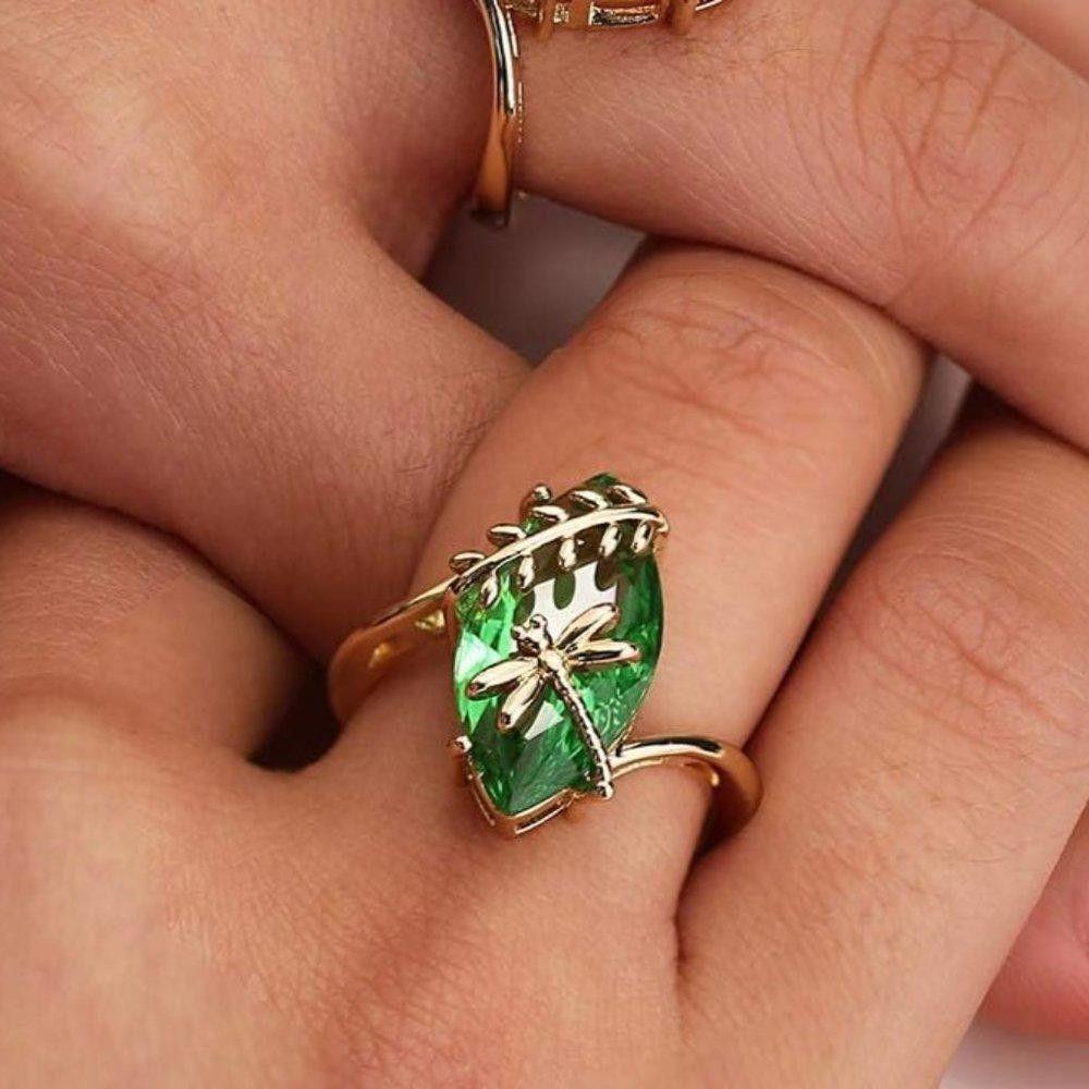 Designer Sterling Silver Green Olive Marquise Gold Dragonfly Ring Size ONE SIZE - 8 Thumbnail