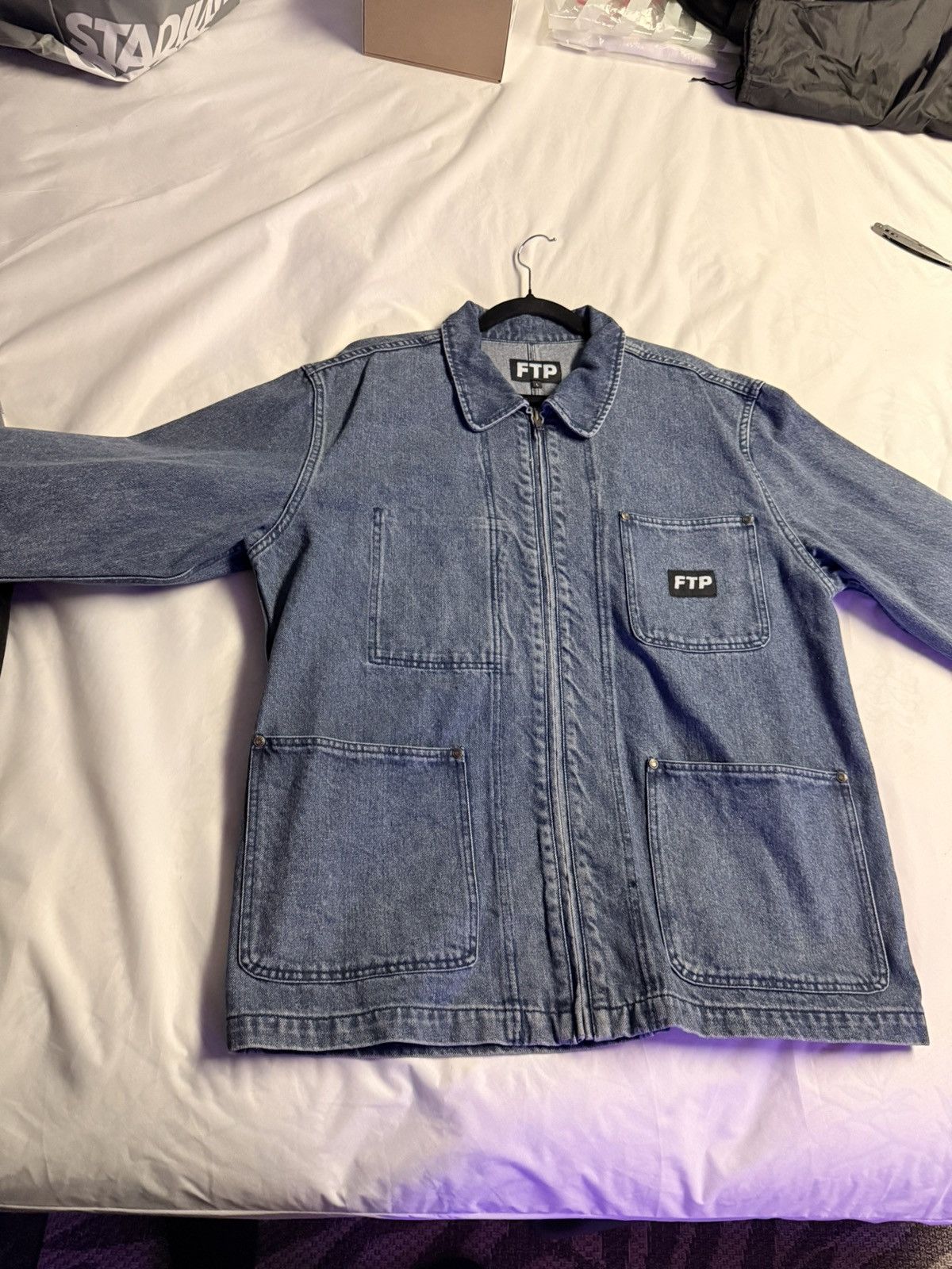 RARE FTP SS24 Frayed Denim Logo Chore Jacket Dirt Wash Blue