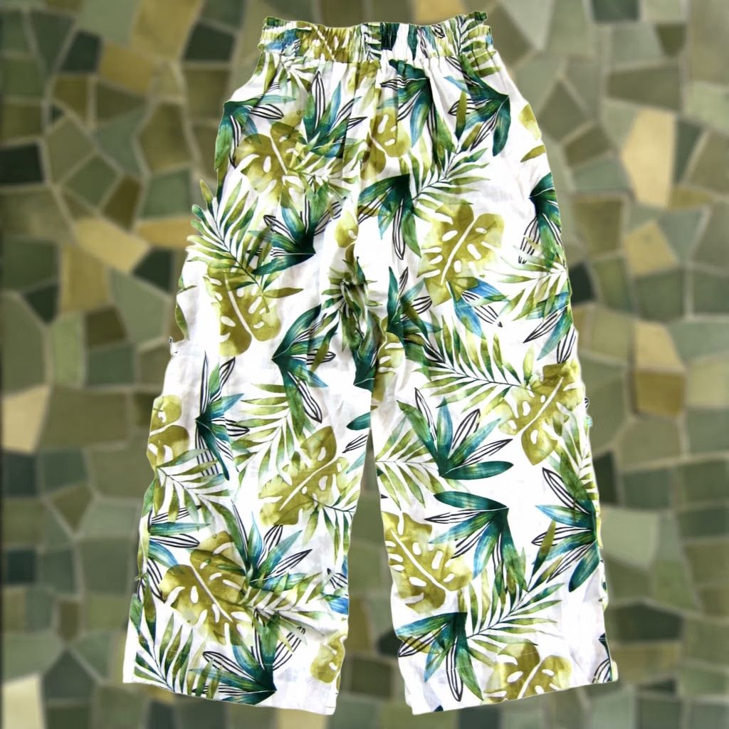 Vintage Sigrid Olsen Pants Cropped Wide-Leg Linen Rayon Floral Green S Size 28" / US 6 / IT 42 - 1 Thumbnail