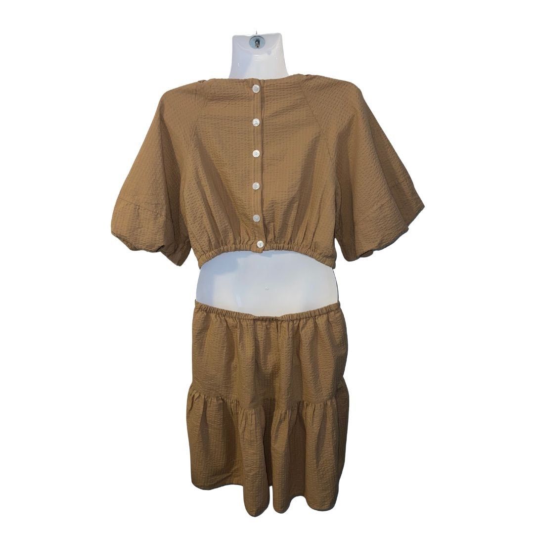 Madewell Seersucker Puff Sleeve Cutout Mini Dress Khaki Cottage Boho Size S / US 4 / IT 40 - 2 Thumbnail