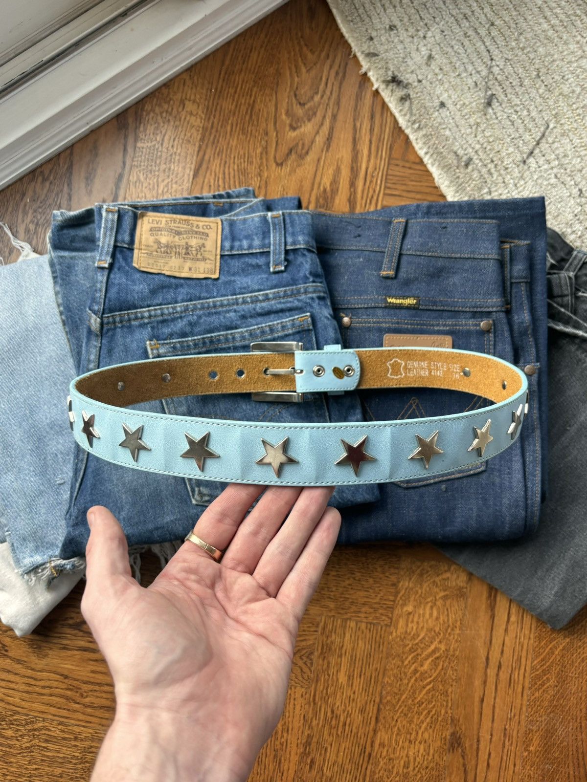 Genuine Leather × Vintage 2000s Vintage Star Studded Belt Y2K Blue Leather Metal Punk Size ONE SIZE - 2 Thumbnail