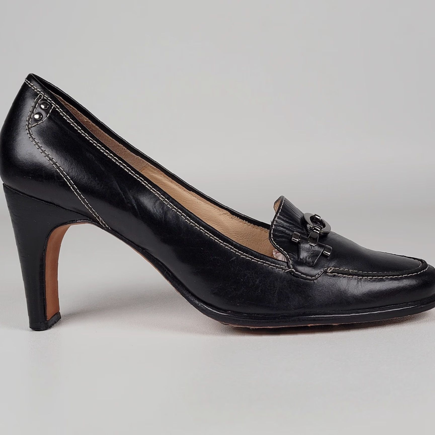 Vintage VINTAGE Circa Joan & David Black Leather CJ Gallager Loafer Heels Women 8.5 Med Heel Block Pumps Size US 11 / IT 41 - 4 Thumbnail