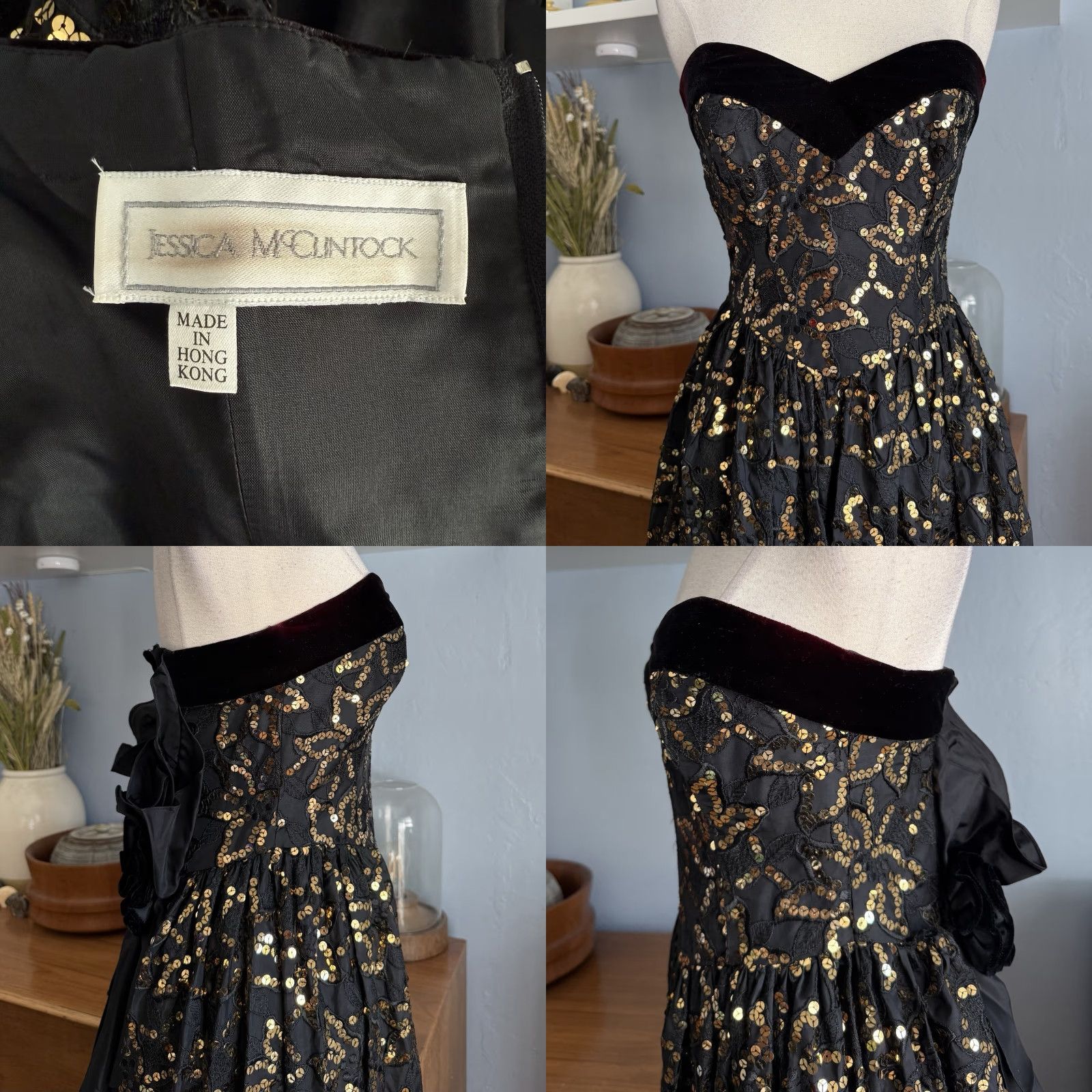 Jessica McClintock VINTAGE Jessica McClintock Black w/ Gold Sequins Strapless Long Dress Sz S Ball Gown 1980s Formal Womens Size XS / US 0-2 / IT 36-38 - 8 Thumbnail