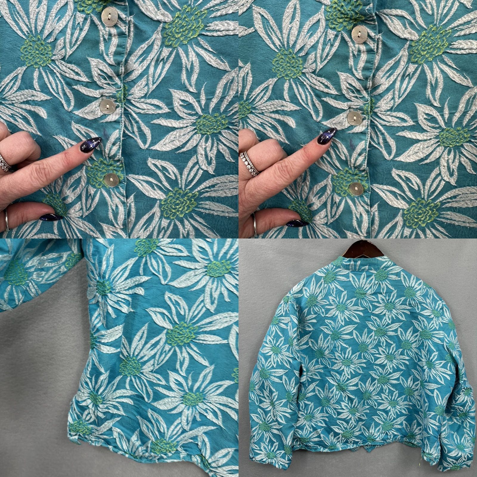 Vintage Chicos Blouse Women Large Blue Silk Blend Floral Button Down Embroidered Cottagecore READ Size L / US 10 / IT 46 - 8 Thumbnail