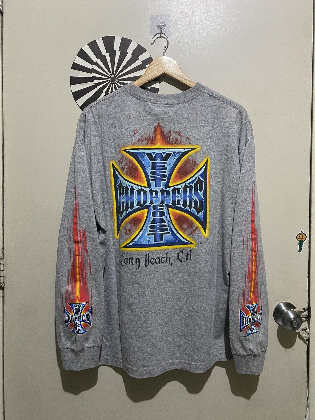 Vintage 2000s pink West Coast Choppers graphic varsity top