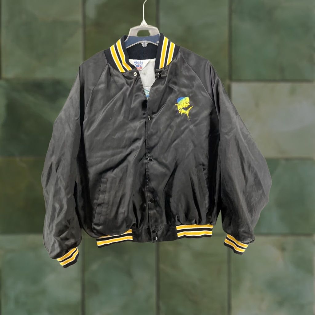 Vintage VINTAGE Ark Jacket Mens XL Black Nylon Satin Bomber 80s 90s Holiday Pattern Mahi Mahi Logo Button Relaxed All Seasons Full Zip Size US XL / EU 56 / 4 - 1 Thumbnail