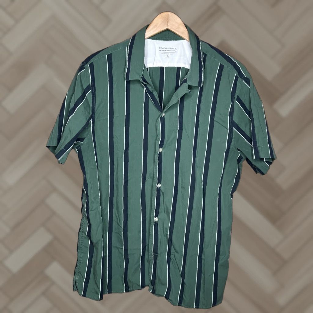 Banana Republic Banana Republic Luxe Poplin Shirt Men XL Striped Green Slim Fit Short Sleeve Size US XL / EU 56 / 4 - 1 Thumbnail
