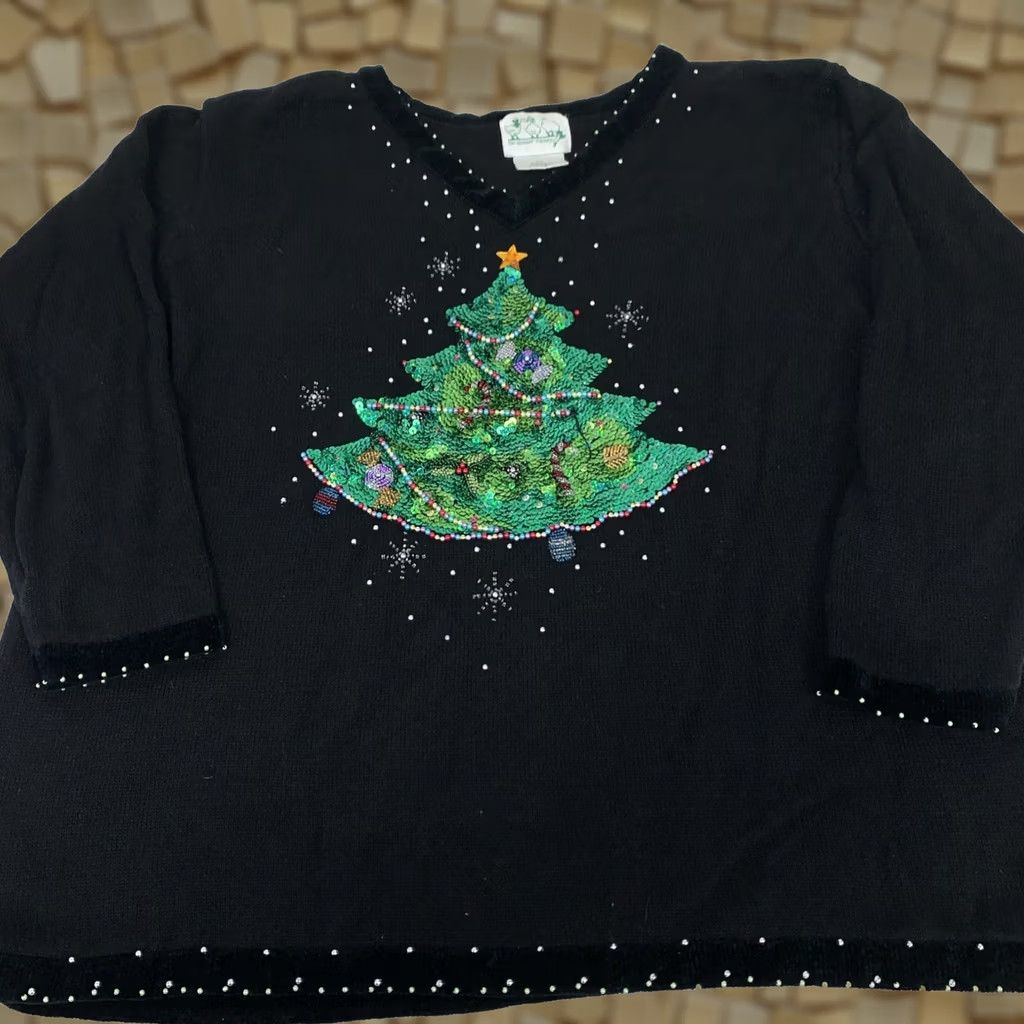 Quacker Factory Vintage Quaker Factory Womens Christmas Festive Beaded Sequin Tree Jumper Sz XXL Size XXL / US 16-18 / IT 52-54 - 1 Thumbnail