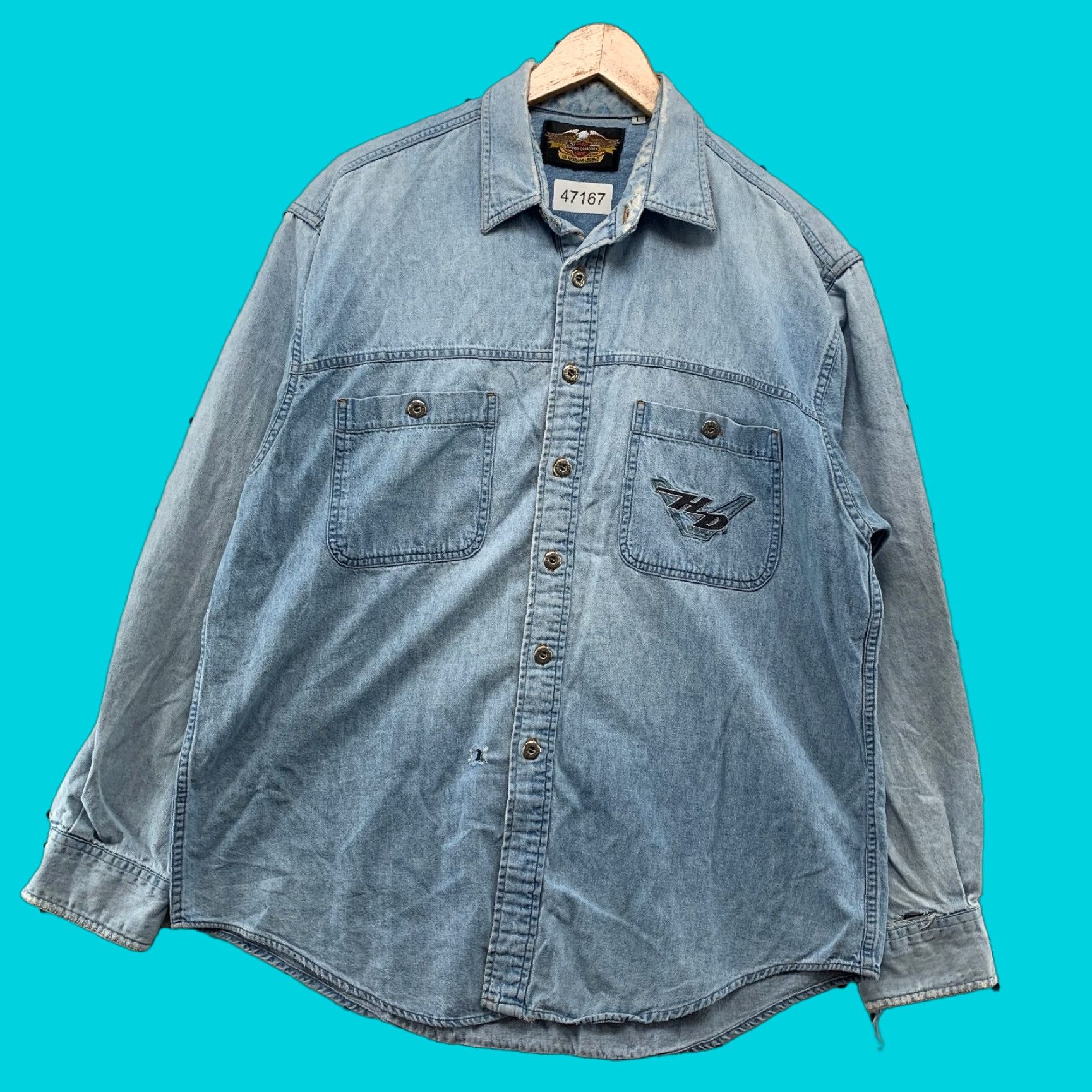 Harley Davidson VINTAGE Harley-Davidson Denim Button Shirt Mens Large Distressed Pocket Biker Size US L / EU 52-54 / 3 - 1 Thumbnail