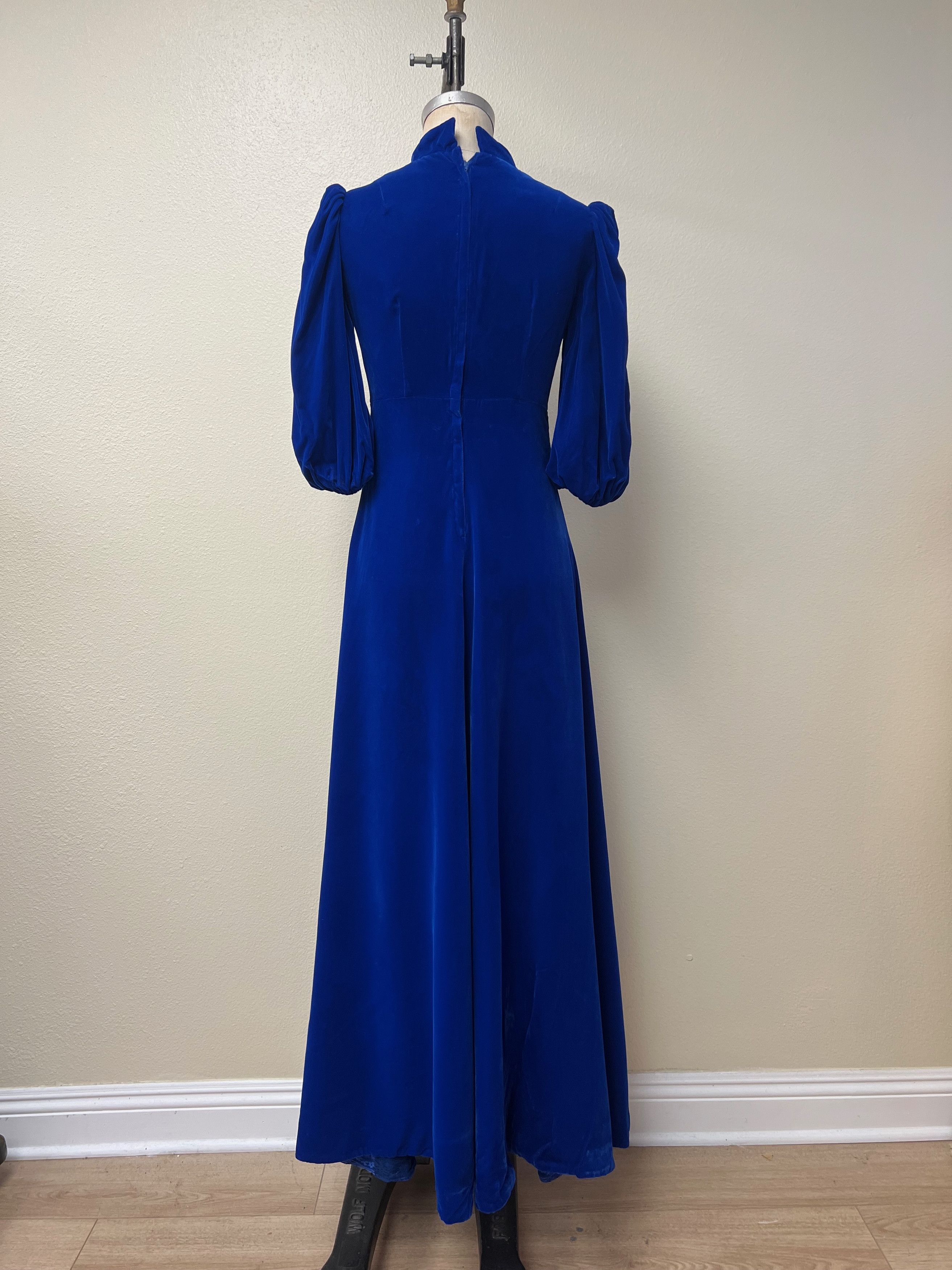 Handmade EUC Vintage 60s 70s Velvet Stand Collar Blue Maxi Dress Size S / US 4 / IT 40 - 6 Thumbnail