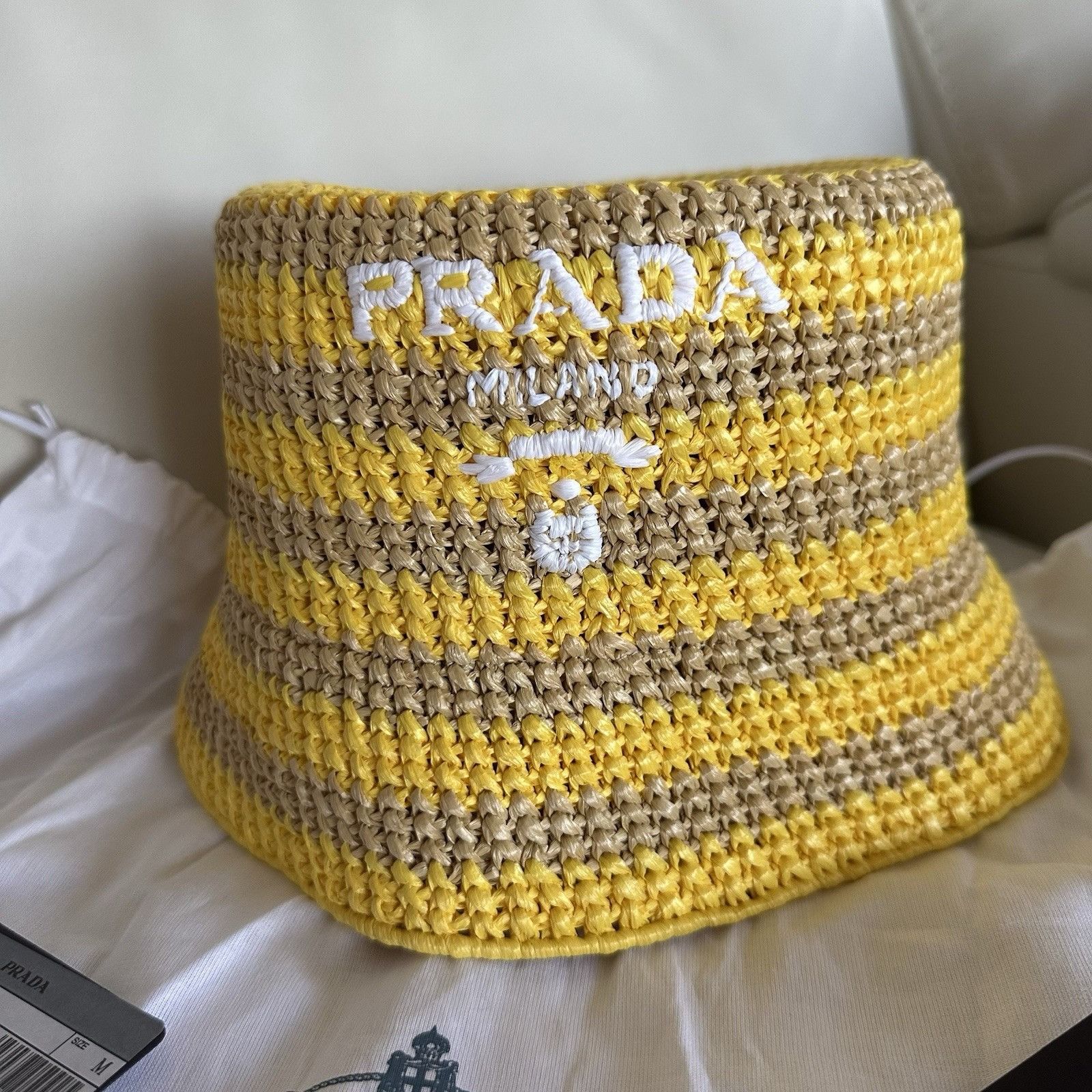 Prada NEW PRADA Raffia Striped Logo Embroidered Womens Bucket Hat Size ONE SIZE - 8 Thumbnail