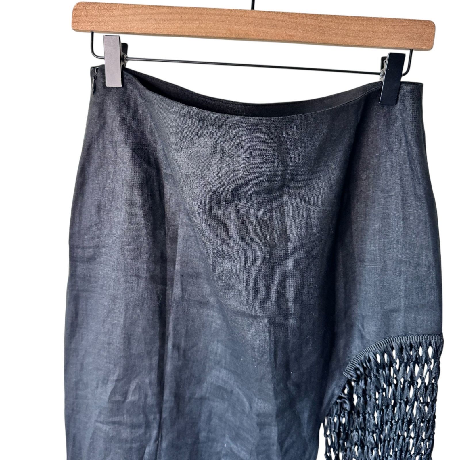 Zara ZARA High Rise Linen Macrame Fringe Midi Skirt Black Small Size 30" / US 8 / IT 44 - 7 Thumbnail