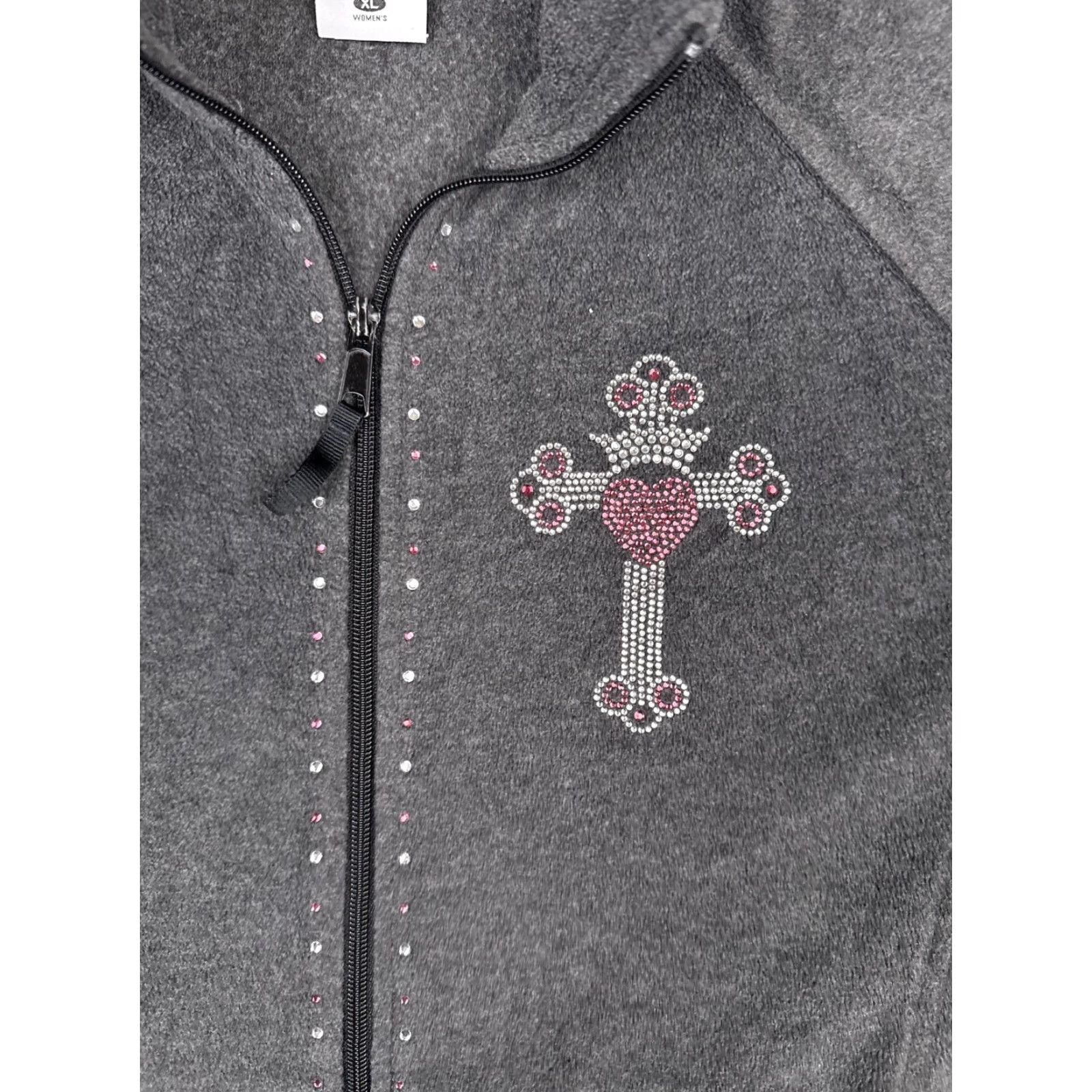 Pinko Columbia Jacket Women XL Gray Full Zip Rhinestone Cross Heart Pink Ribbon Fleece Size XL / US 12-14 / IT 48-50 - 6 Thumbnail
