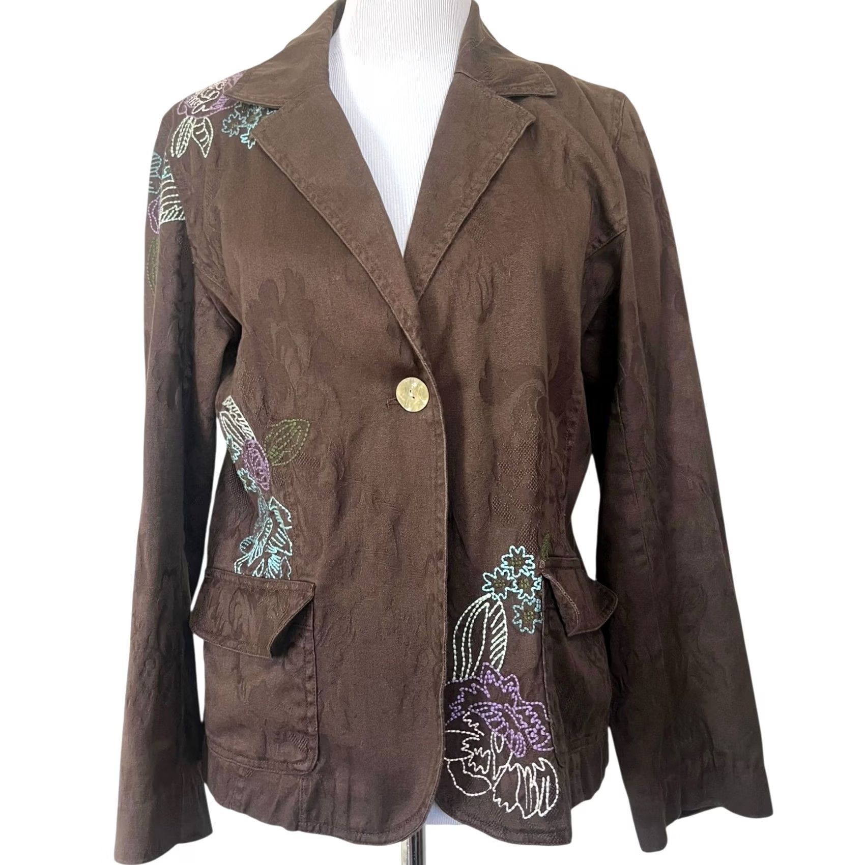 J. Jill J.Jill Blazer Brown Jacquard Embroidered Floral One-Button Cotton Size M Women's Jacket Size M / US 6-8 / IT 42-44 - 2 Thumbnail