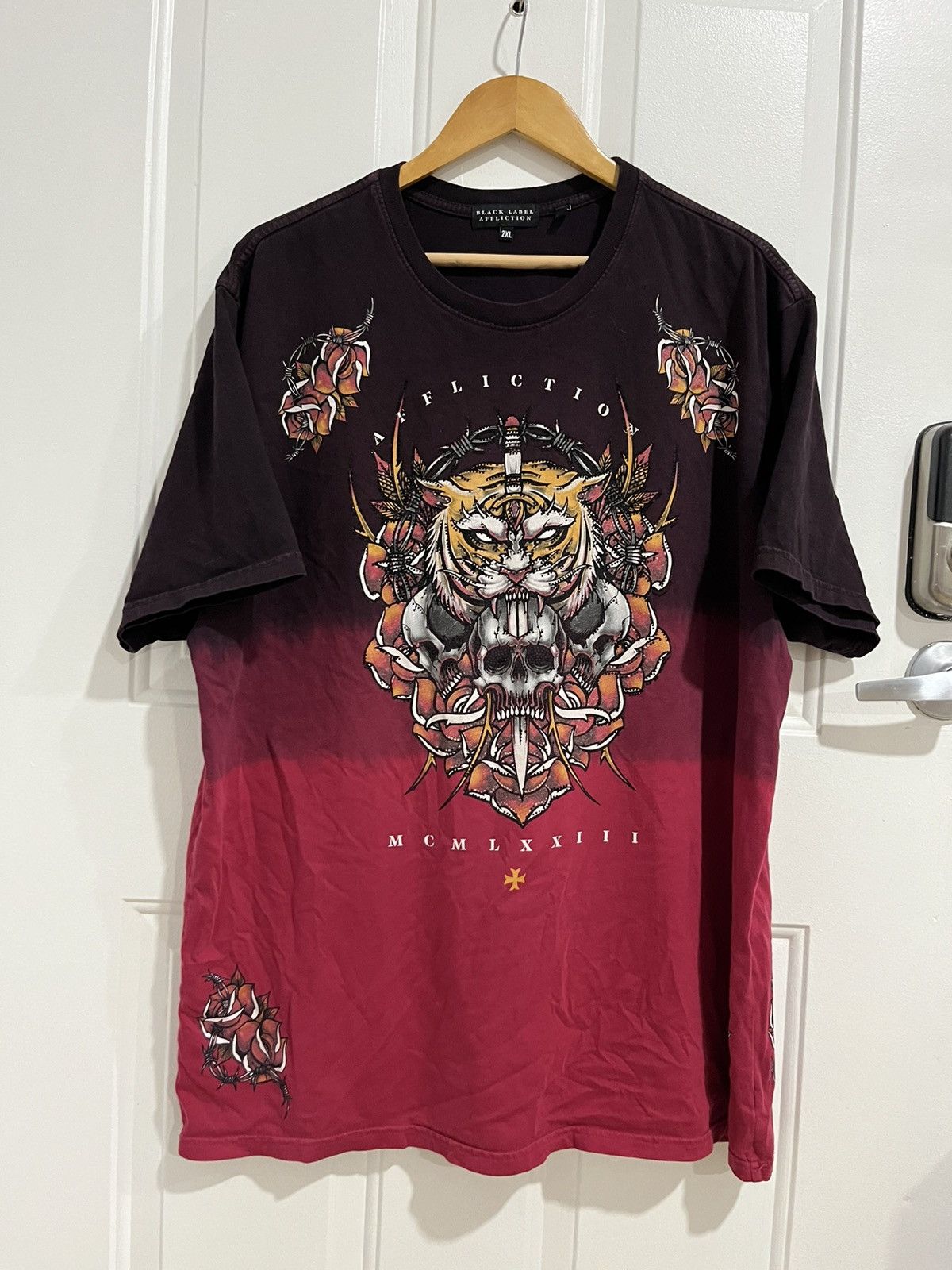 image of Y2K Affliction Tiger Skulls Mma Elite Grunge Punk Shirt 2Xl in Red, Men's