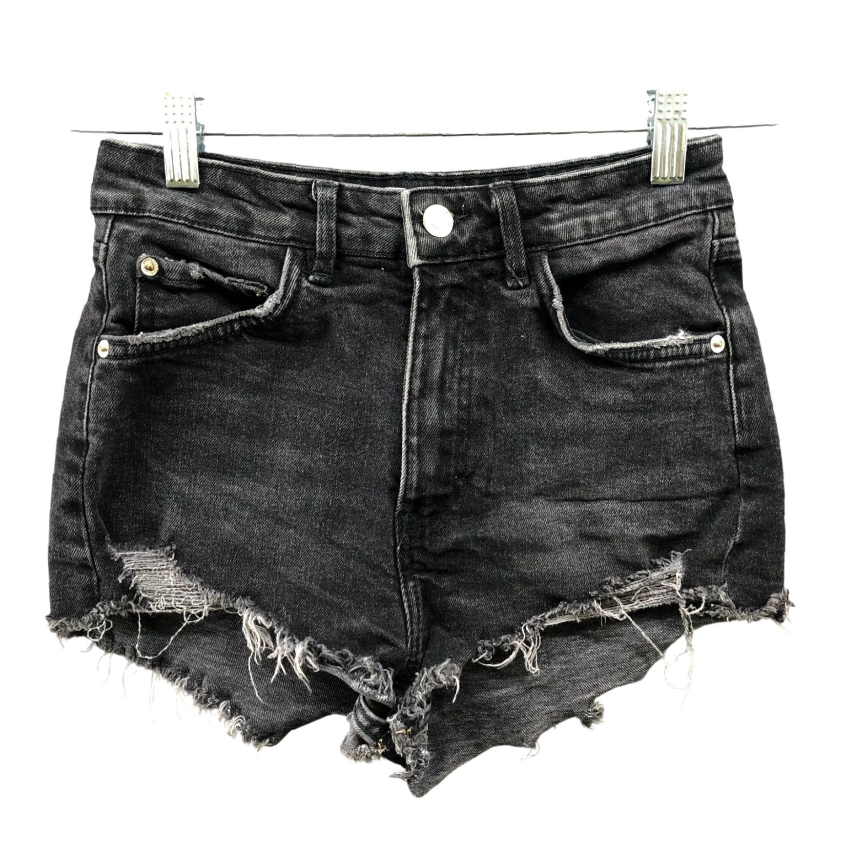 Zara VINTAGE? No — Zara High Rise Denim Jean Shorts Womens Size 2 Black Wash Cutoff Frayed Stretch Denim Shorts Size 26" / US 2 / IT 38 - 2 Thumbnail
