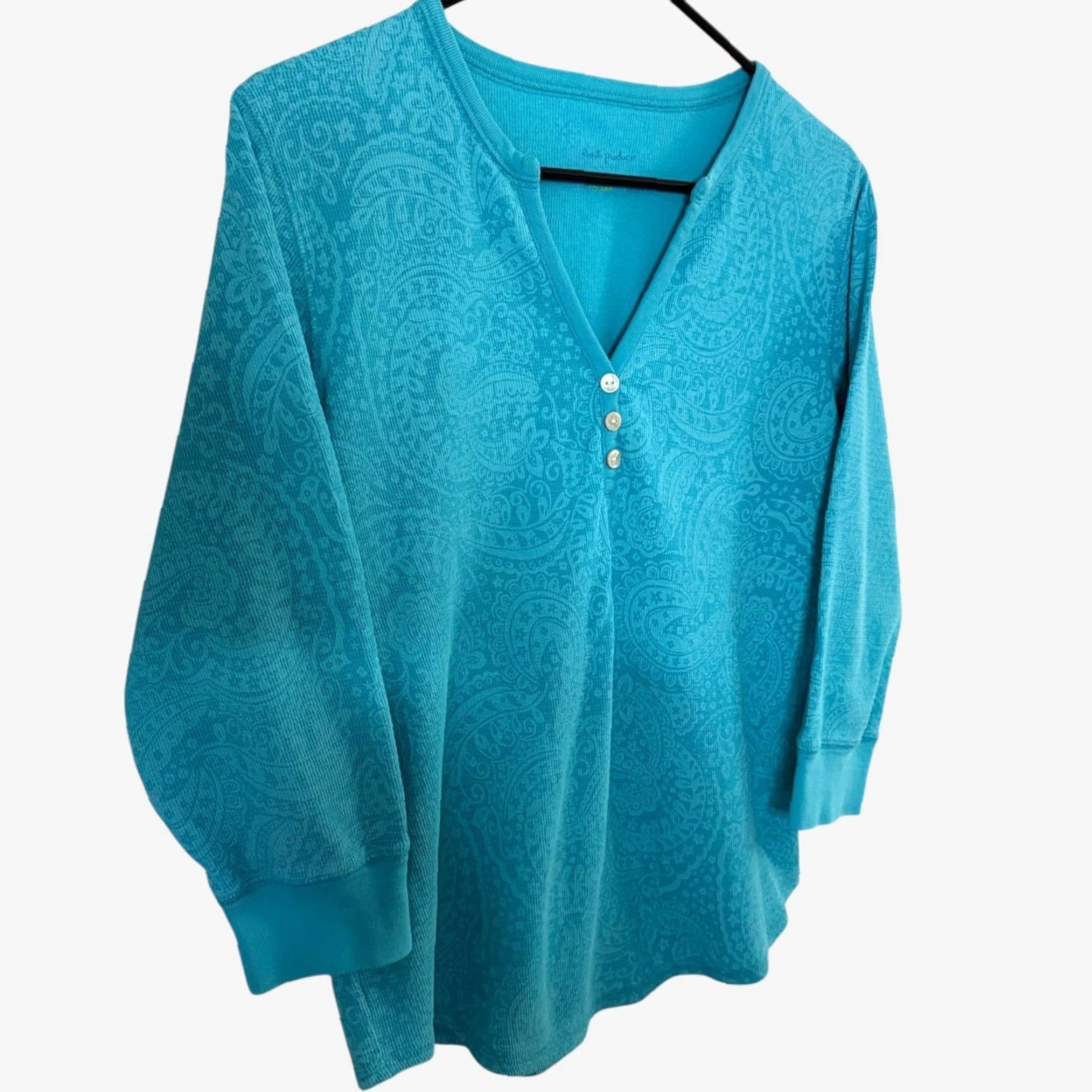 Vintage Fresh Produce 3/4 Sleeve Paisley Print V-Neck Henley Shirt Women's Large Blue Size L / US 10 / IT 46 - 3 Thumbnail