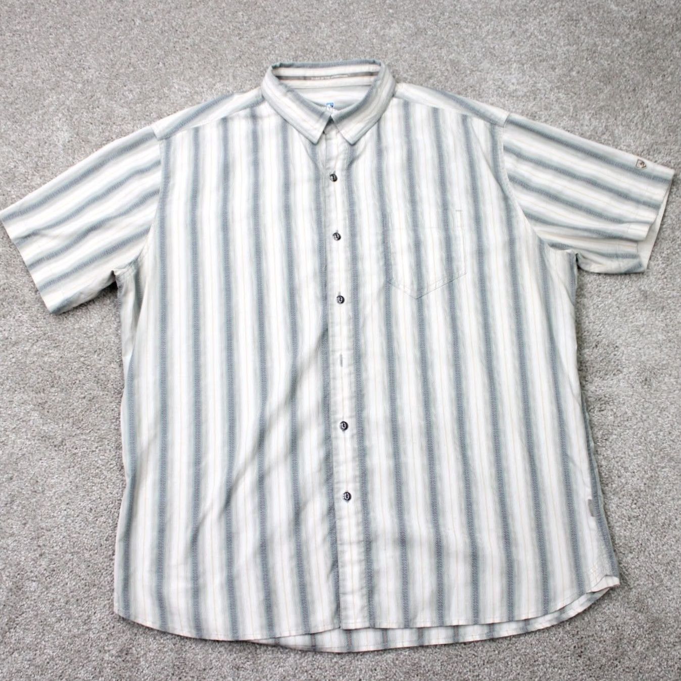 Vintage Kuhl Bohemian Shirt Mens XL Striped 100% Cotton Short Sleeve Beige/Blue Button-Up Cap/Collar Spread Casual Workwear Travel Size US XL / EU 56 / 4 - 2 Thumbnail