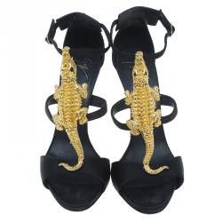 Giuseppe Zanotti Giuseppe Zanotti Black Satin & Leather Alligator Sandals Size US 8 / IT 38 - 2 Thumbnail