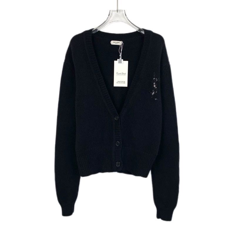 Saint Laurent Black logo sequined cashmere V-neck knit card