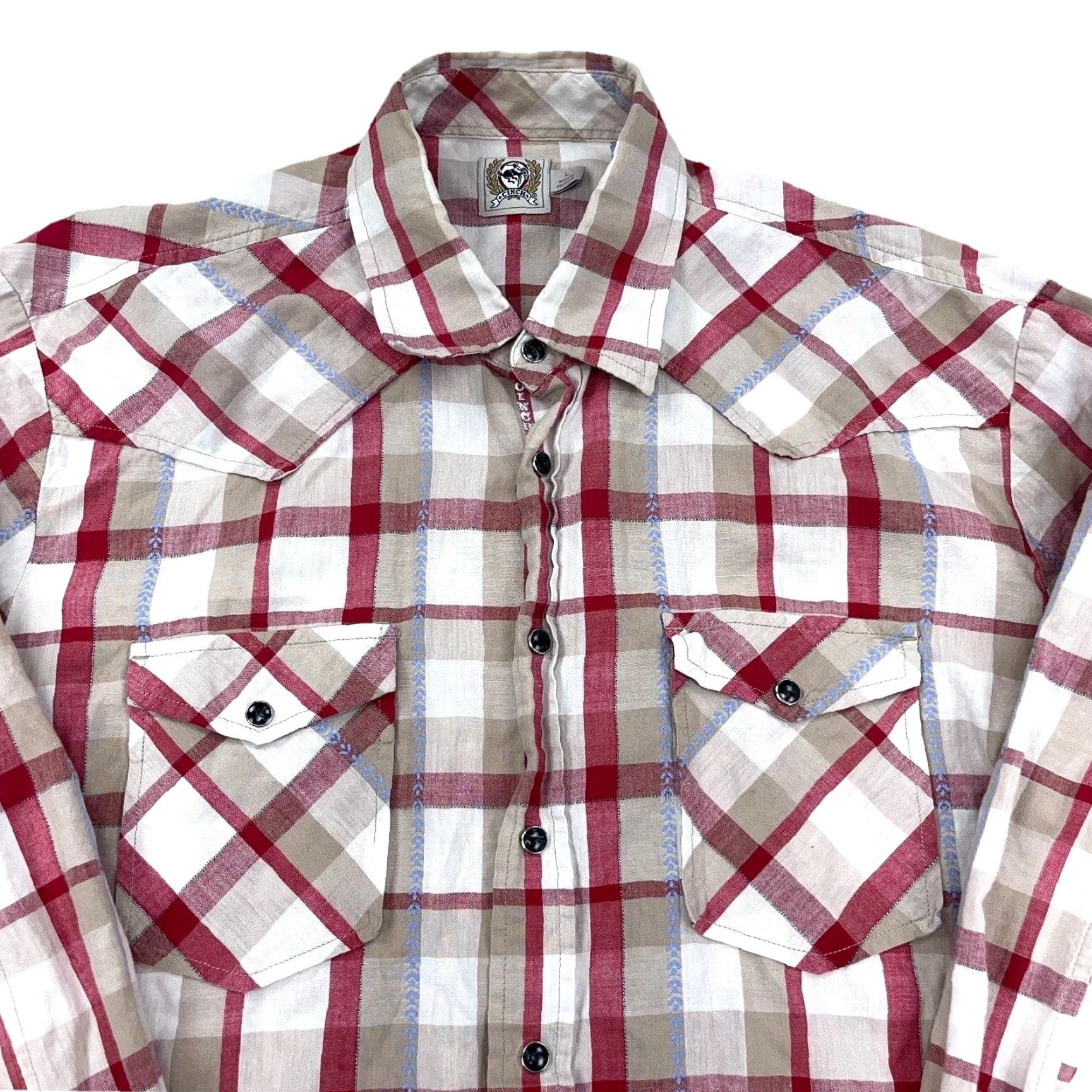 YOKE Cinch Shirt Men Large Red Tan Pearl Snap Plaid Western Cowboy Rodeo Yoke Pockets Size US L / EU 52-54 / 3 - 2 Thumbnail