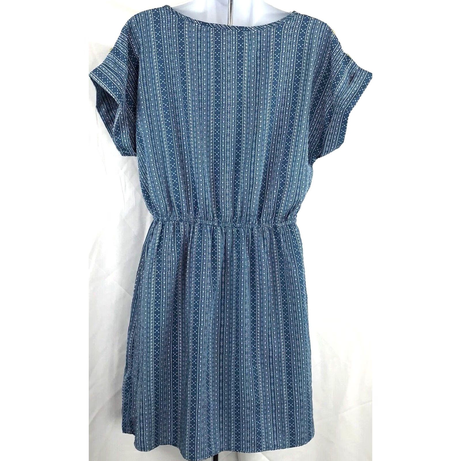 Vintage Indulge Shirt Dress L Blue Geometric Drawstring Waist ScoopNeck Cuff ShortSleeve Size L / US 10 / IT 46 - 3 Thumbnail