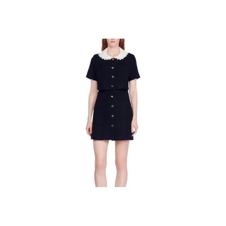 Sandro Sandro Black Contrast Collar Tweed Dress 0079 Size S / US 4 / IT 40 - 1 Thumbnail