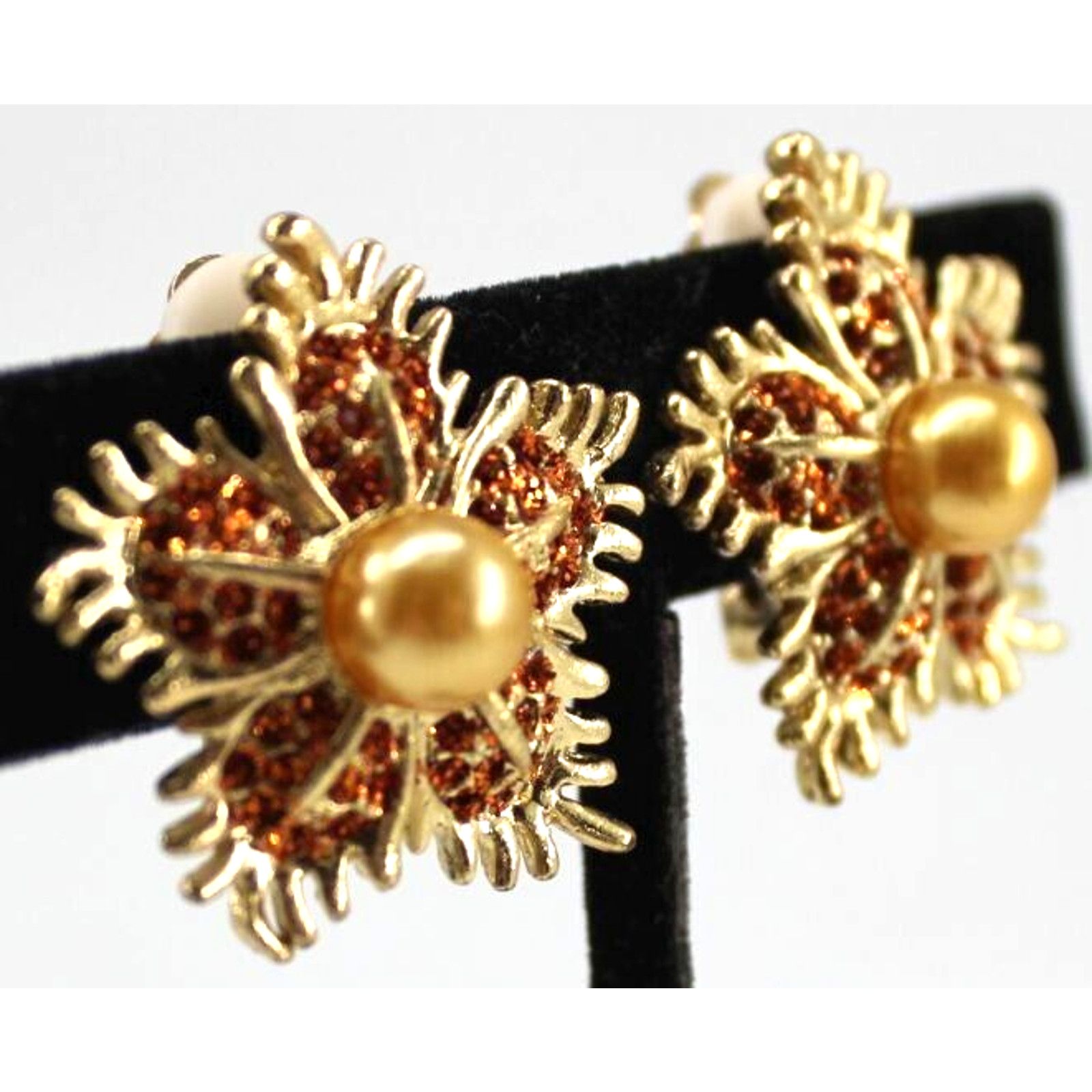 Other Orange Rhinestone Faux Golden Pearl Earrings • 1" • Clip On Size ONE SIZE - 2 Thumbnail