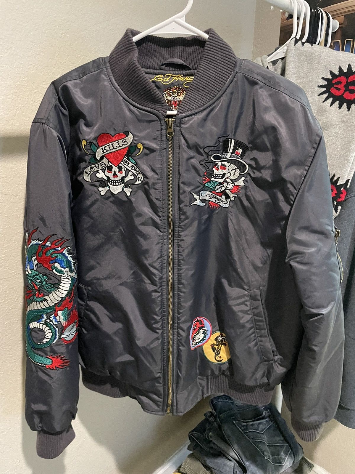 image of Ed Hardy Bomber Jacket in Grey, Men's (Size Large)