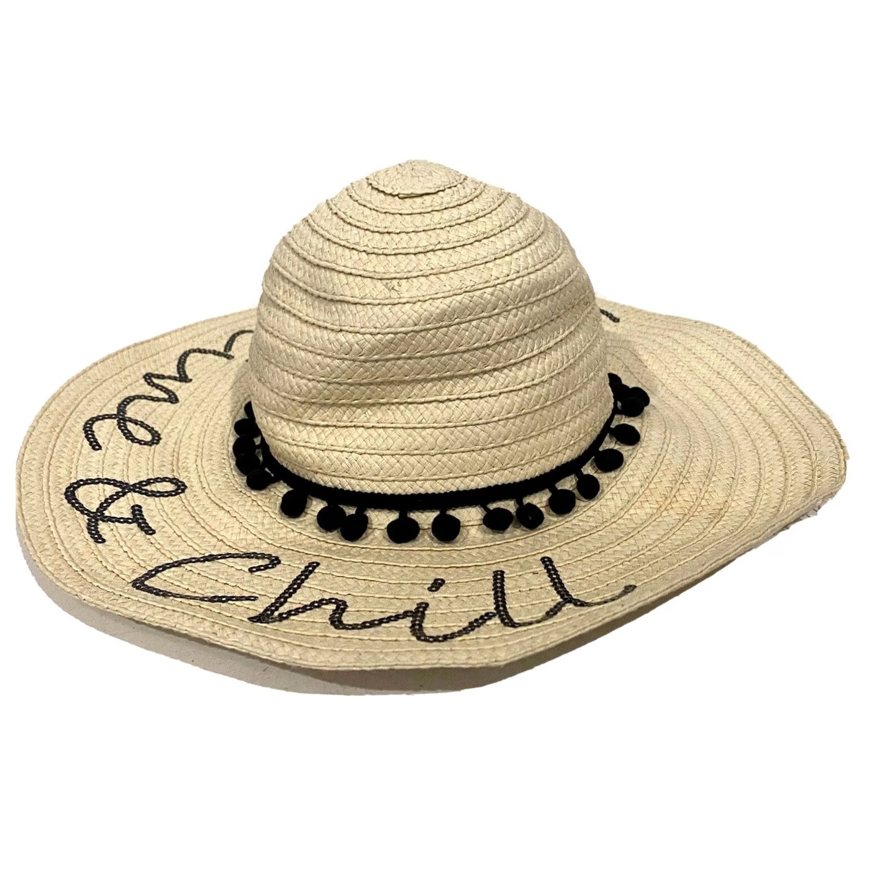 Betsey Johnson Betsey Johnson Sun Hat Women Wide Brim Beige Black Pom Pom Straw Hat Beach Vacation Sun Hat 22” Interior Circumference Size ONE SIZE - 5 Thumbnail