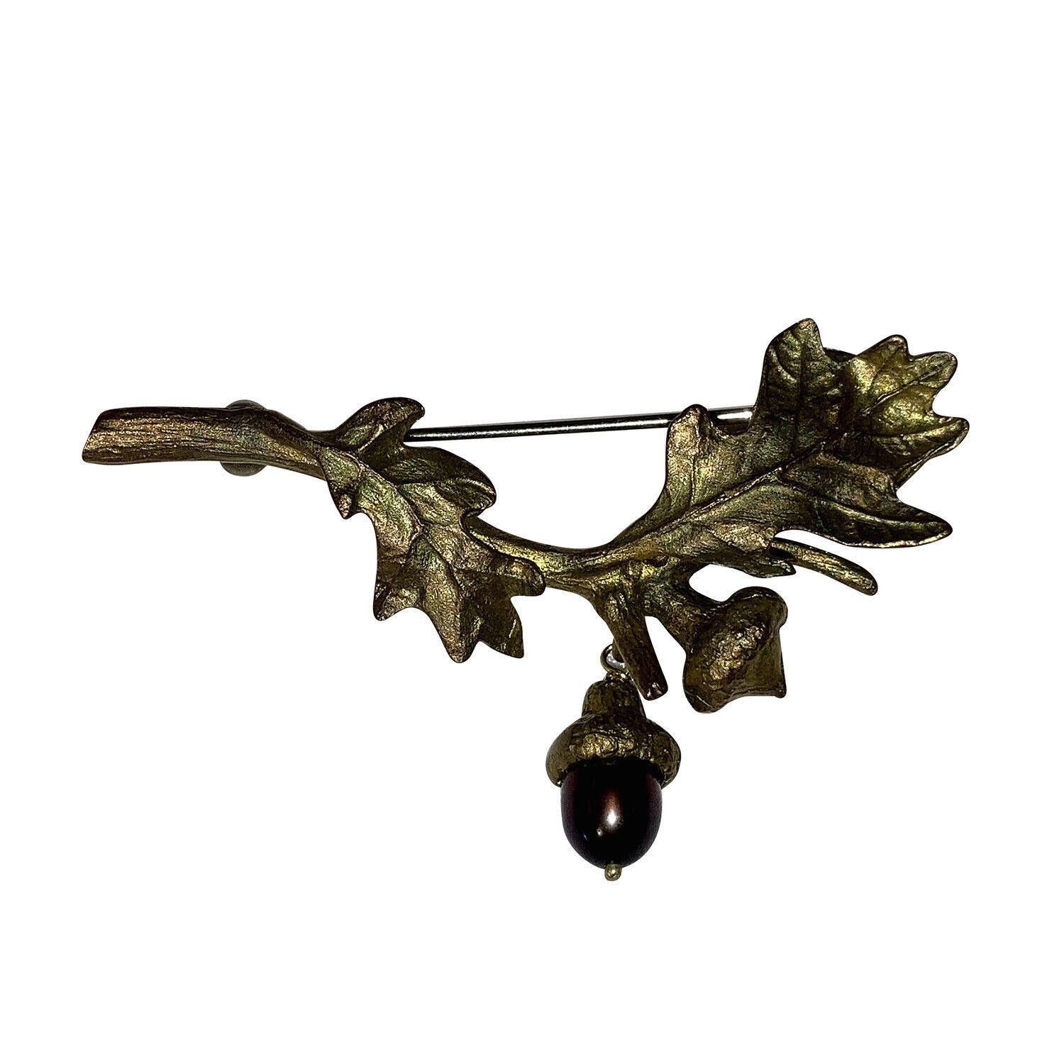 Designer Brass Artisan Leaf and Grey Pearl Acorn Pin Size ONE SIZE - 1 Thumbnail